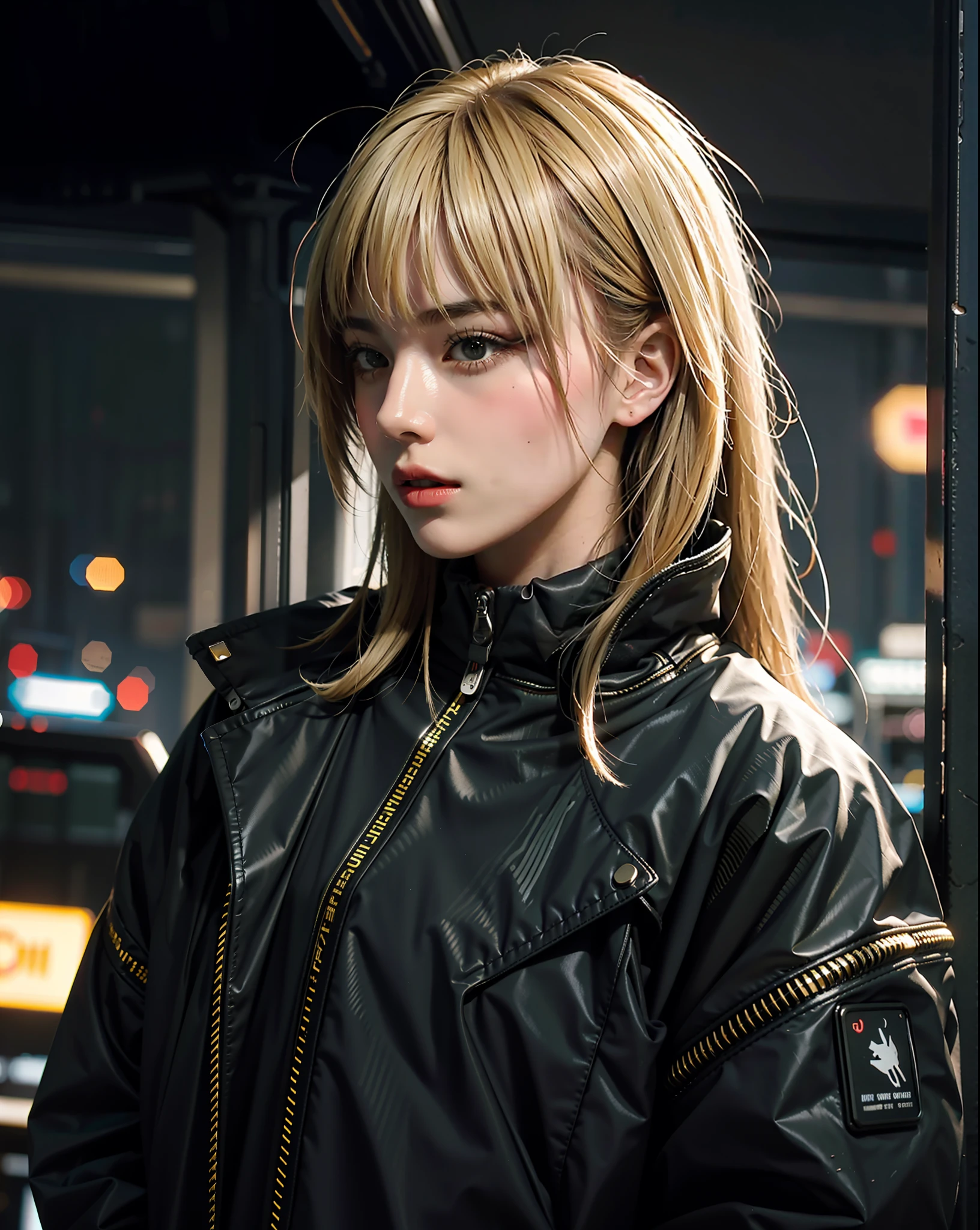 Side view, (photorealistic: 1.4), (best quality: 1.0), (ultra highres: 1.0), 8k, RAW photo, (masterpiece: 0.2), portrait, face, close shot,
Cybernetic_Jawless, mask, mechanical parts, cybernetics, 1girl, european girl, blonde hair with bangs,
(Cyberpunk Street:1.2), bustling with neon signs, night, cyberpunk aesthetics, blade runner aesthetics