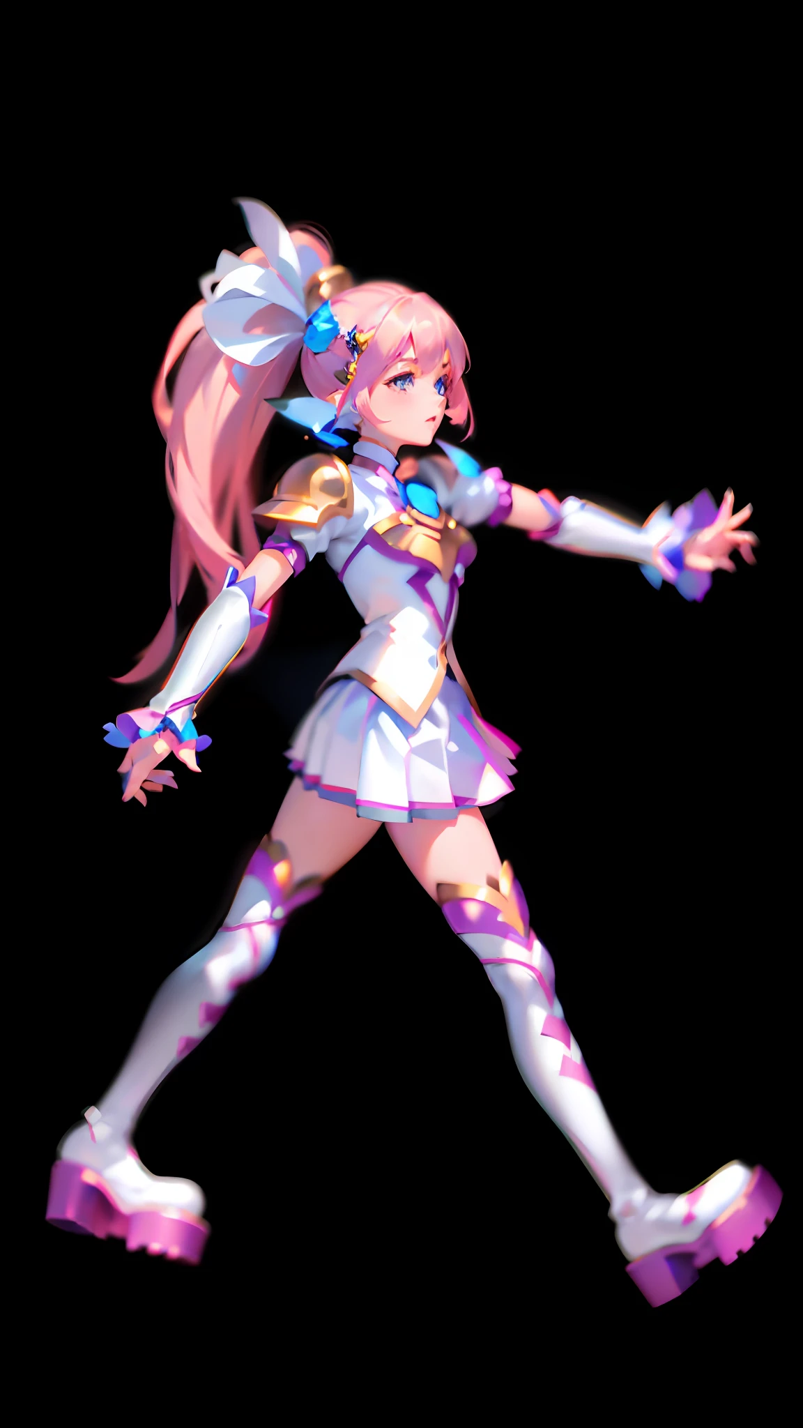 ((Lora+QuickHand: 1.2), (Masterpiece: 1.5), (Best Quality: 1.5), 8K Resolution, (Perfect Hand: 1.5)), Determined Girl, Blue Eyes, Shut Up, (Pink Hair: 1.3+ Single Ponytail), (White Top: 1.2), (Pink Pleated Skirt: 1.2), (Pink Over-the-Knee Socks: 1.2), (Fine Headgear), (White Boots: 1.2), (No Background: 1.5), (Long Legs: 1.2) ), looking at the audience