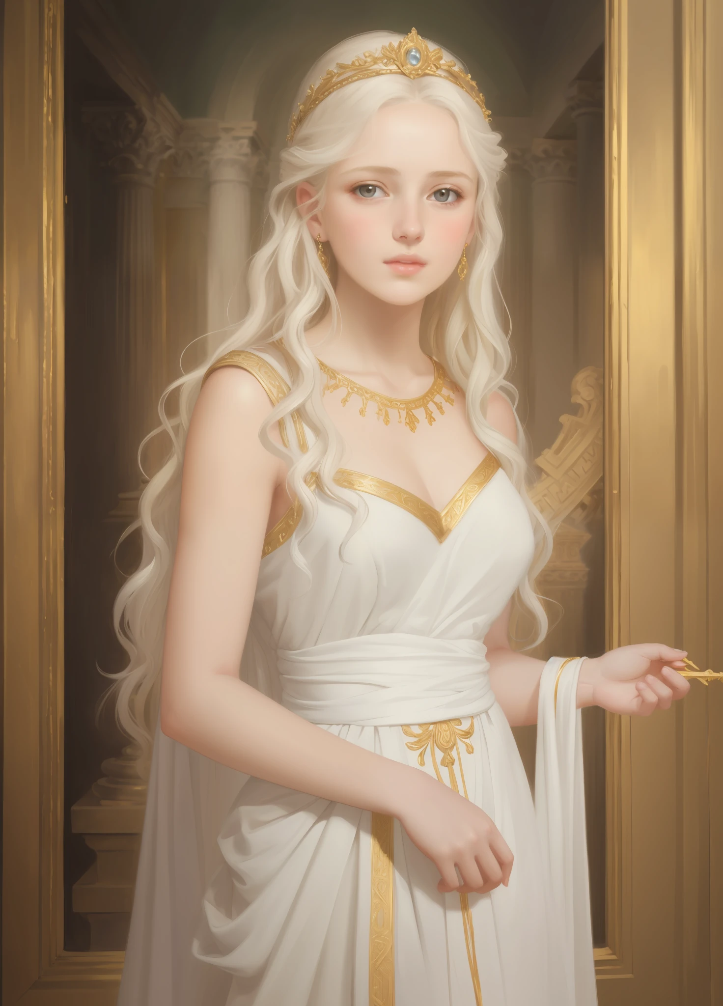 1girl, beautiful teenage girl, beautiful 13 year old girl, very small breasts, long wavy white hair, thin jaw, large white sash covering breasts, golden decorations, portrait, oil painting, realistic proportions, intricate, intricate details, sharp focus, beautiful female body, classical painting, outside, greek temple