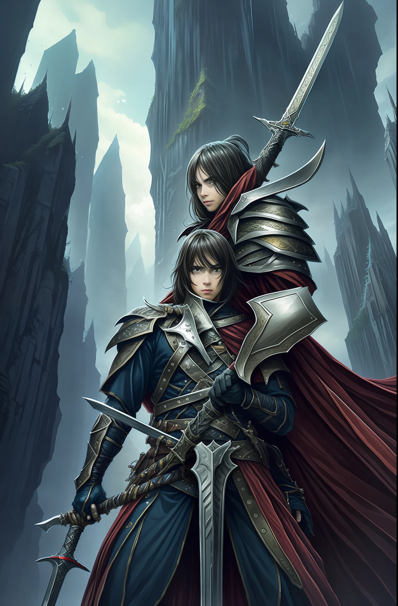 An epic fantasy book cover, with giant swords in front