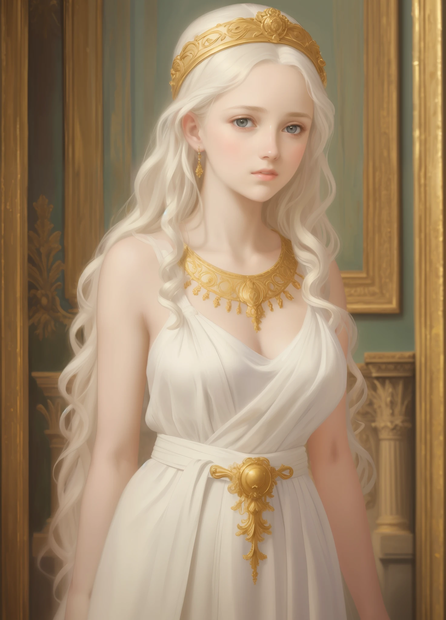 1girl, beautiful teenage girl, beautiful 13 year old girl, very small breasts, long wavy white hair, thin jaw, large white sash covering breasts, golden decorations, portrait, oil painting, realistic proportions, intricate, intricate details, sharp focus, beautiful female body, classical painting, outside, greek temple