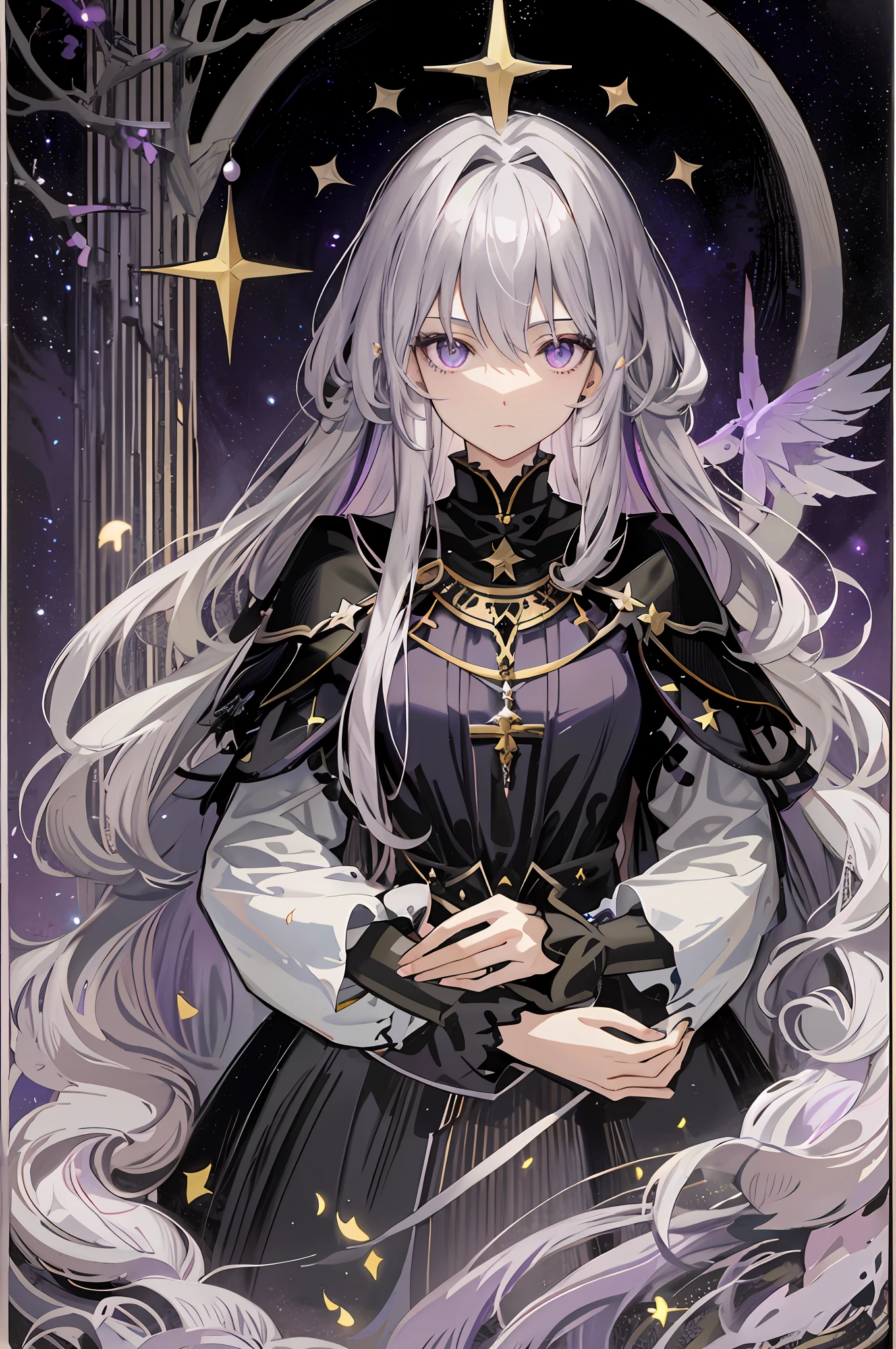Anime - style image of a woman with long white hair and black dress, white-haired deity, portrait knight of zodiac girl, shadow universe style, gothic girl anime girl, zero zen art, detailed key anime art, detailed anime character art, beautiful fan art from ark night, beautiful celestial mage, astral witch costume, dark witch character, clean detailed anime art, purple eyes,