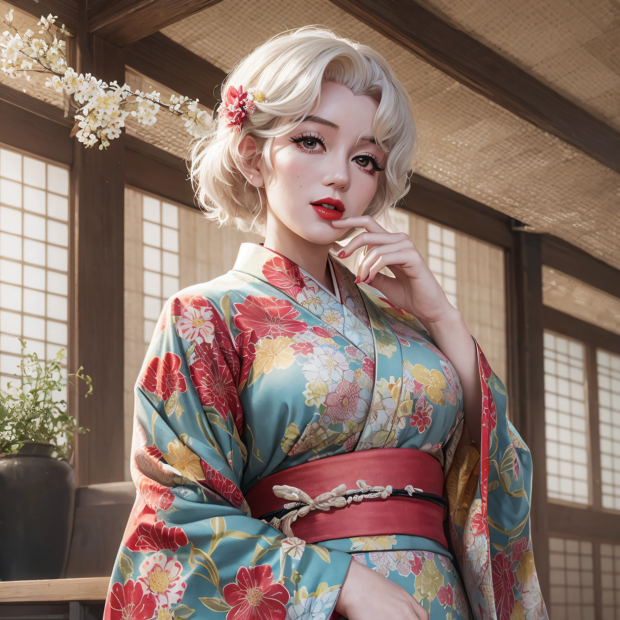 Alafor woman in a kimono with flowers in her hair, ((Beautiful Marilyn Monroe face: 1.4)), an American woman, wearing a kimono with a traditional pattern of Japanese style, Japan traditional pattern, wearing a kimono, ink painting of a dragon on the back, Japanese dress, Japanese style, makeup, red lips, white hair, slender body, wearing a long sleeve inside the kimono, ((Fukuro obi and obijime: 1.2)), bewitching pose, top quality, masterpiece, (Adult: 1.6), ( High definition skin: 1.4), (RAW photo, best quality), (realistic, photorealistic: 1.7), refreshing breeze, tea room with sun filtering through the trees, (detailed skin), realistic texture, muffled light, dense skin, optimal ratio of four fingers to one thumb, diagonal bangs of 46 points,