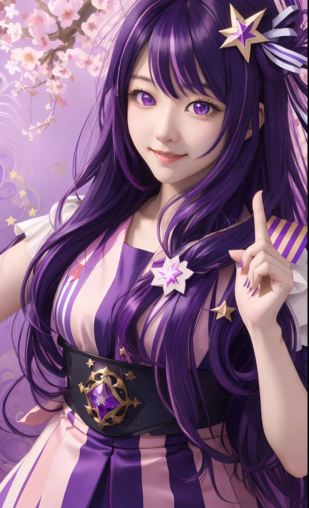 Ai Hoshino, (Best Quality: 1.4, Masterpiece, 4k, Details), Beautiful Girl,
Long hair, purple hair, striped hair, purple eyes, star-shaped pupil, hair ornament, smile, right hand pointing at camera, holding microphone in left hand, stunning art, wallpaper 4k