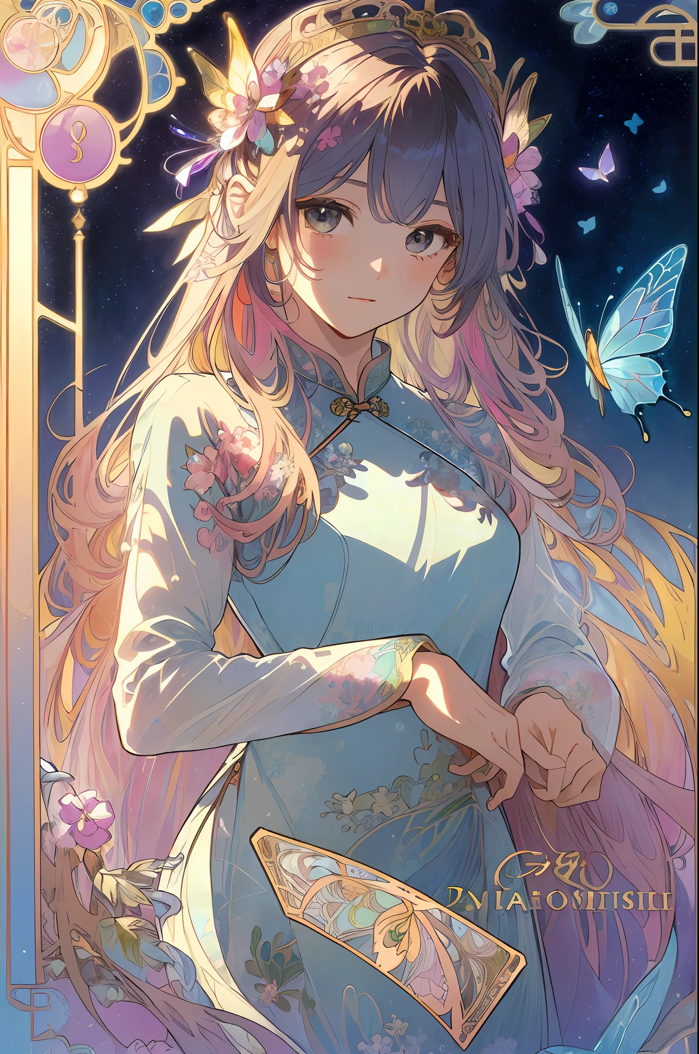 (((masterpiece))), ((the best quality, super fine illustrations, beautiful and delicate water)),Depth of field, fine 8KCG wallpapers, ( delicate light), ((cinematic lighting)),(portrait),Portrait lens,(((Alphonse Mucha))),((Fantasy style)),((shine)),(((Tarot card)))
(young girl),(((China_Cheongsam))),(delicate eyelash),((cute anime face)),(extremely delicate and beautiful),(hair_flower),(Gem),(crystal),((colored inner long hair)),(multicolored),(beautiful detailed face ),((( detailed long hair ))),floating long hair,gradient hair,(lace),(ribbon),((crown)),(detailed cloth)
((Butterfly)),(detailed Butterfly) ,(multicolored Butterfly),
(neon palette),((detailed flowers)) ,((multicolored flowers)),(flowers_Surrounded),(Butterfly_Surrounded)(((Flowers fill the screen))),((Fill the screen)),
(lo classical:1.24),