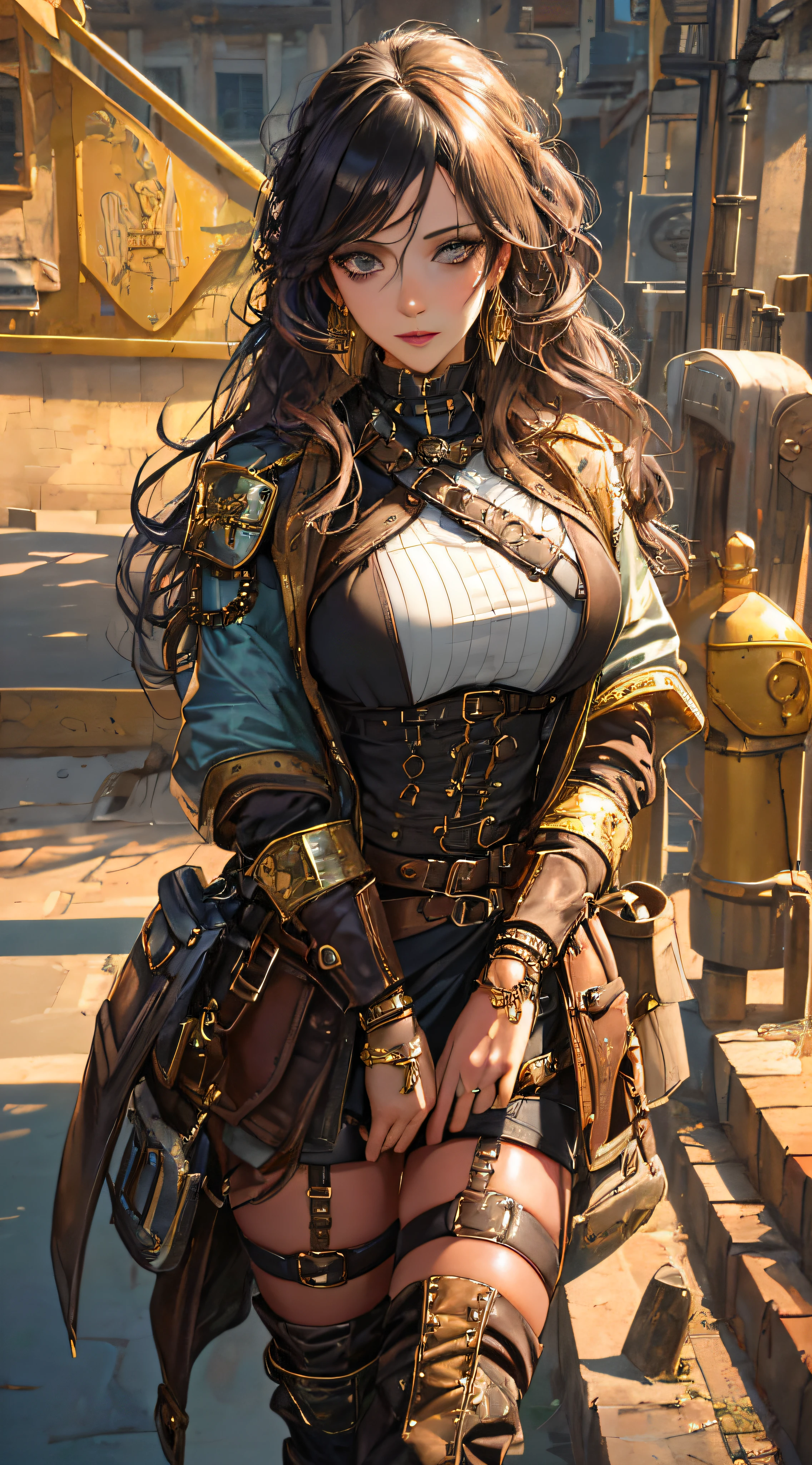 (1girl:1.3), looking at viewer, (steampunk suggestive clothes, Maven, Average Height, Toned, Round Face, Olive Skin, Brunette Hair, Blue Eyes, Wide Nose, Full Lips, Receding Chin, Long Hair, Straight Hair, Wavy Updo, soft sagging breasts, Threader earrings, golden, matte lipstick,steampunk metropolis),(masterpiece, best quality, detailed shiny skin:1.2), flawless, 8k, RAW, highres,absurdres,