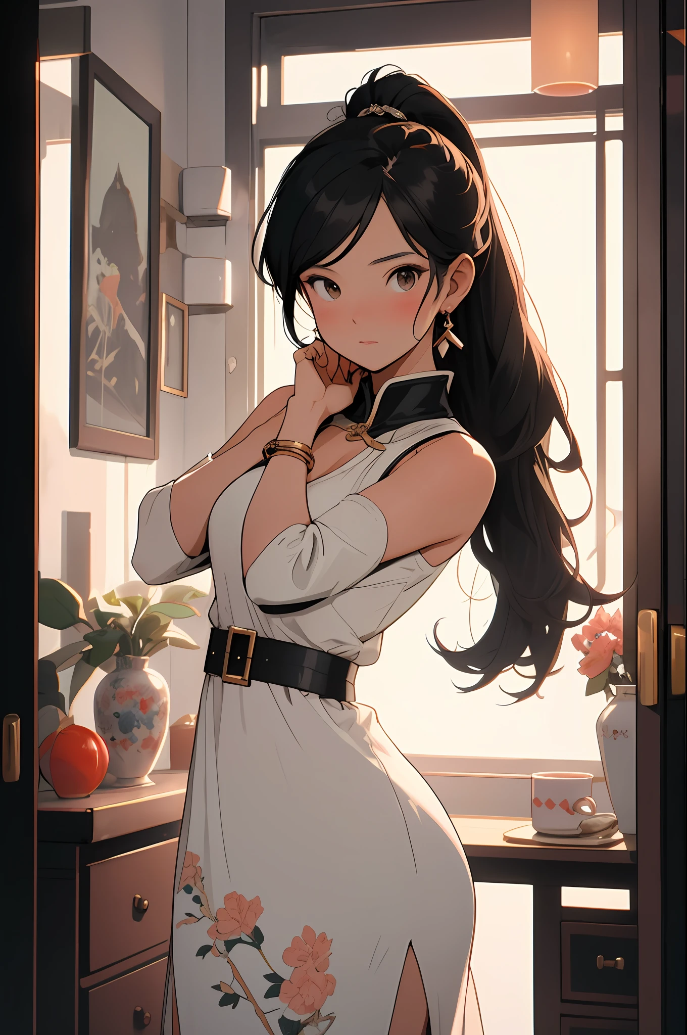 anime style beautiful woman, 1 girl, jewelry, chinese clothing, Bare Shoulders, solo, porcelain sweatshirt, black sweatshirt, hands on chest, earrings, high ponytail, black belt, blush, long hair, small breasts, letterbox, bracelet, shut up, brown hair, arms up, flower, long hair, big breasts, on the roof, looking into the distance, sun, highest quality, high resolution.