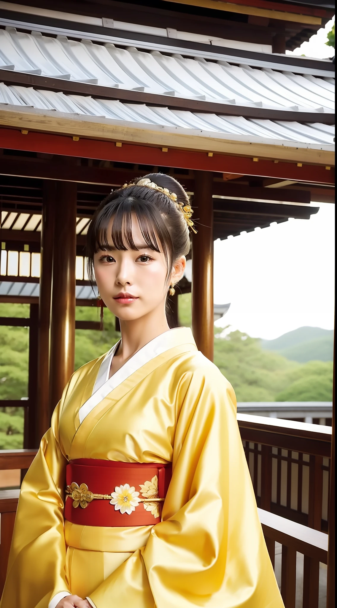 masterpiece, photorealistic, highest quality, (golden, kimono), shrine