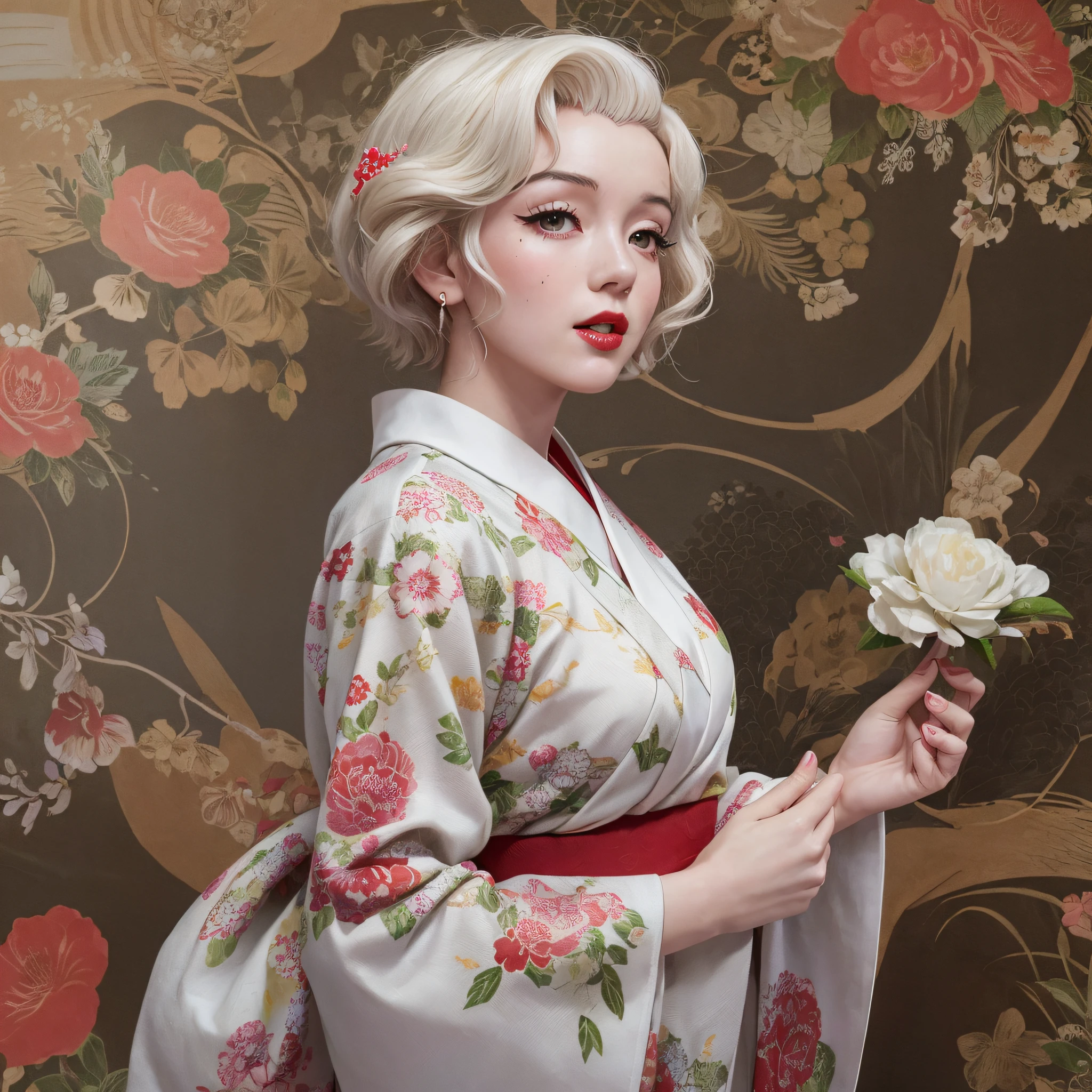 Alafor woman in a kimono with flowers in her hair, ((Beautiful Marilyn Monroe face: 1.4)), an American woman, wearing a kimono with a traditional pattern of Japanese style, Japan traditional pattern, wearing a kimono, ink painting of a dragon on the back, Japanese dress, Japanese style, makeup, red lips, white hair, slender body, wearing a long sleeve inside the kimono, ((Fukuro obi and obijime: 1.2)), bewitching pose, top quality, masterpiece, (Adult: 1.6), ( High definition skin: 1.4), (RAW photo, best quality), (realistic, photorealistic: 1.7), refreshing breeze, tea room with sun filtering through the trees, (detailed skin), realistic texture, muffled light, dense skin, optimal ratio of four fingers to one thumb, diagonal bangs of 46 points,