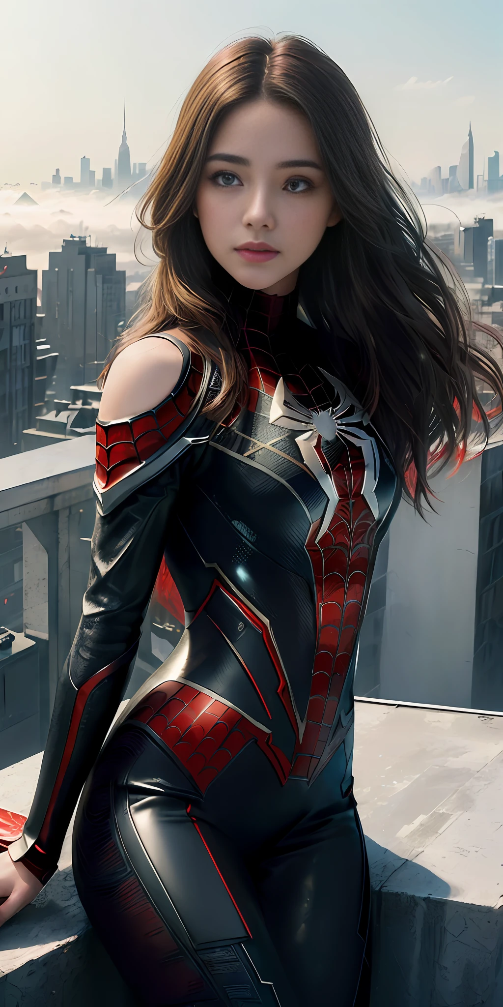(1girl:1.3), solo, ((very detailed face)))), ((very detailed eyes and face)))), beautiful detail eyes, body parts__, official art, unified 8k wallpaper, super detailed, beautiful and beautiful, beautiful, masterpiece, best quality, original, masterpiece, super fine photo, best quality, super high resolution, realistic realism, sunlight, full body portrait, amazing beauty, dynamic pose, delicate face, shoulder-length hair, vibrant eyes, (from the front), she is wearing a Spider-Man suit, red and black color scheme, spider, very detailed city roof background, rooftop, overlooking the city, detailed face, detailed complex busy background, messy, gorgeous, milky white, highly detailed skin, realistic skin details, visible pores, clear focus, volumetric fog, 8k uhd, DSLR, high quality, film grain, fair skin, photo realism, lomography, futuristic dystopian giant metropolis, translucent