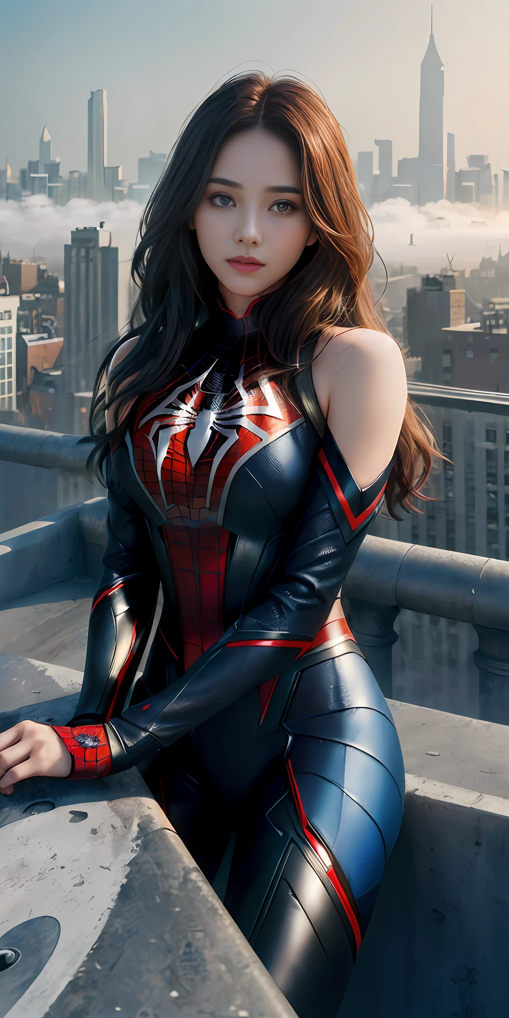 (1girl:1.3), solo, ((very detailed face)))), ((very detailed eyes and face)))), beautiful detail eyes, body parts__, official art, unified 8k wallpaper, super detailed, beautiful and beautiful, beautiful, masterpiece, best quality, original, masterpiece, super fine photo, best quality, super high resolution, realistic realism, sunlight, full body portrait, amazing beauty, dynamic pose, delicate face, shoulder-length hair, vibrant eyes, (from the front), she is wearing a Spider-Man suit, red and black color scheme, spider, very detailed city roof background, rooftop, overlooking the city, detailed face, detailed complex busy background, messy, gorgeous, milky white, highly detailed skin, realistic skin details, visible pores, clear focus, volumetric fog, 8k uhd, DSLR, high quality, film grain, fair skin, photo realism, lomography, futuristic dystopian giant metropolis, translucent
