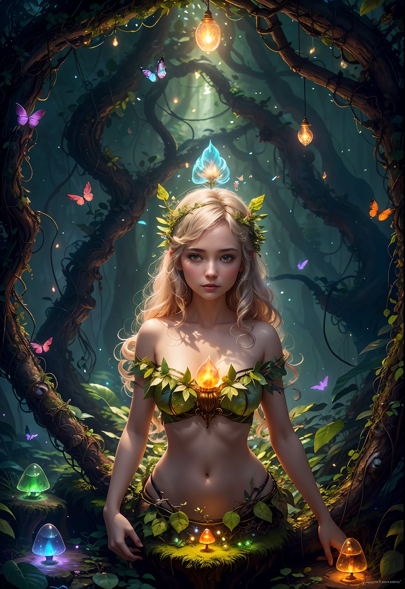 Fantasy in a glass, "ethereal roses, beautiful girls, cute slime animals, glowing little mushrooms surrounded by delicate leaves and branches, and fireflies and glowing particle effects", (natural elements), (jungle theme), (leaves), (branches), (fireflies), butterflies, (delicate leaves), (glow), (particle effects), super realistic, super detailed, dramatic lightning, 4k, masterpiece,