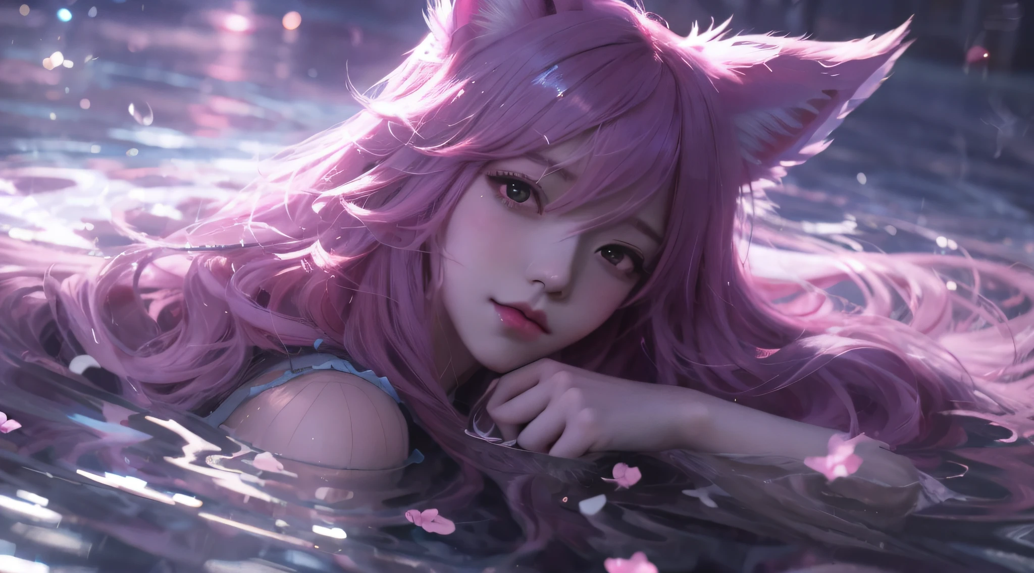 anime girl with pink hair and cat ears floating in water, artwork in the style of guweiz, guweiz, beautiful anime catgirl, very beautiful anime cat girl, seraphine ahri kda, guweiz masterpiece, portrait of ahri, detailed digital anime art, 8k high quality detailed art, ahri, cute anime catgirl
