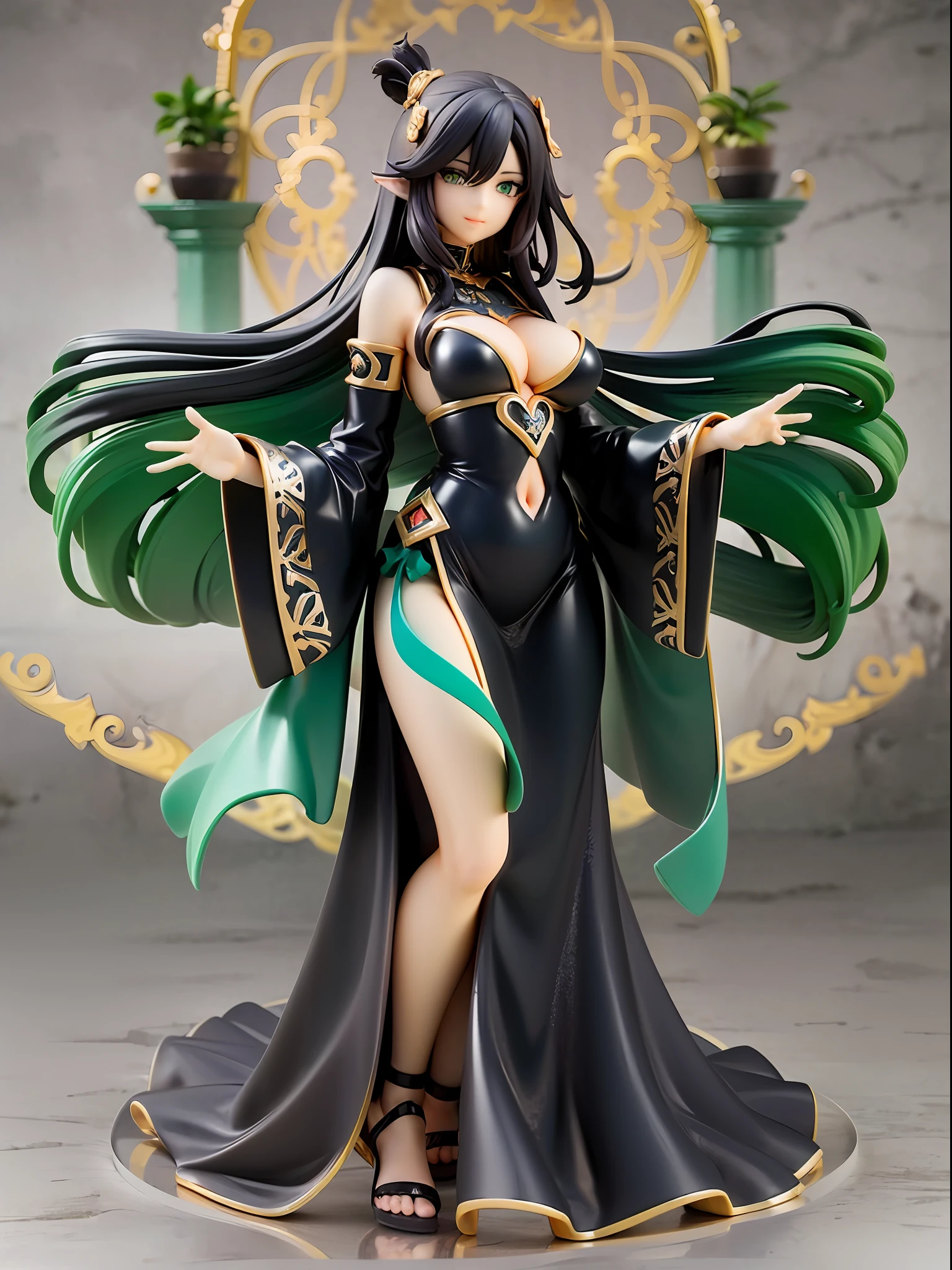 (masterpiece, top quality, best quality, official art, beautiful and aesthetic:1.2), Lovecraftian goddess, black medium hair, emerald green eyes, mysterious smile, ancient deep green and black robe, arms wide open drawing ancient symbols, in the deep sea, front view, looking afar, average chest size, full body, deep dark background,