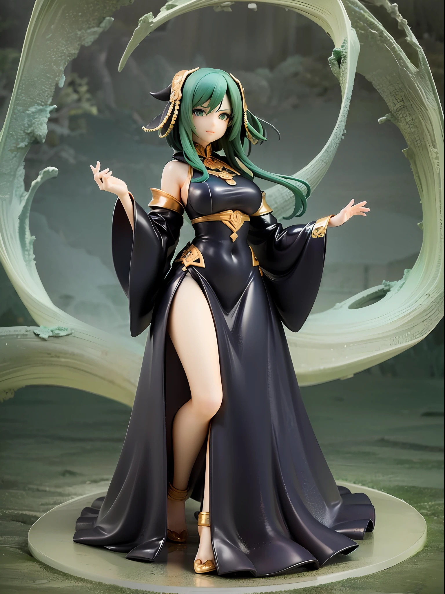 (masterpiece, top quality, best quality, official art, beautiful and aesthetic:1.2), Lovecraftian goddess, black medium hair, emerald green eyes, mysterious smile, ancient deep green and black robe, arms wide open drawing ancient symbols, in the deep sea, front view, looking afar, average chest size, full body, deep dark background,