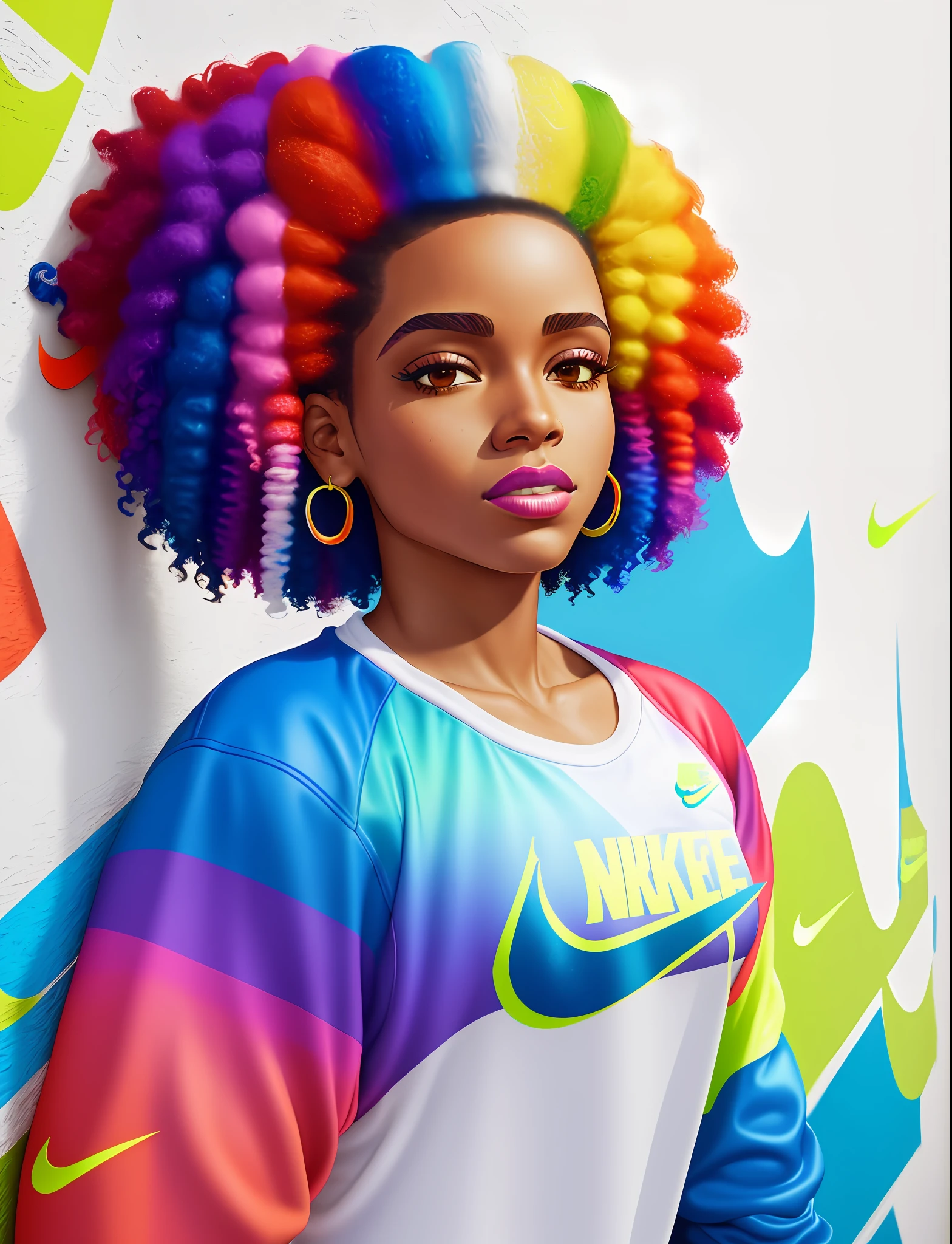 Graffiti painting, street art, 32k extremely detailed CG unit wallpaper, 32k landscape, artwork, masterpiece, best quality, amazing light brushstrokes, of a 35 year old girl, Cross fit (( Athletic)) Afro Brazilian with hair (((short)) platinum , Tennis ((Nike)) in graffiti style on a white wall with vibrant colors.