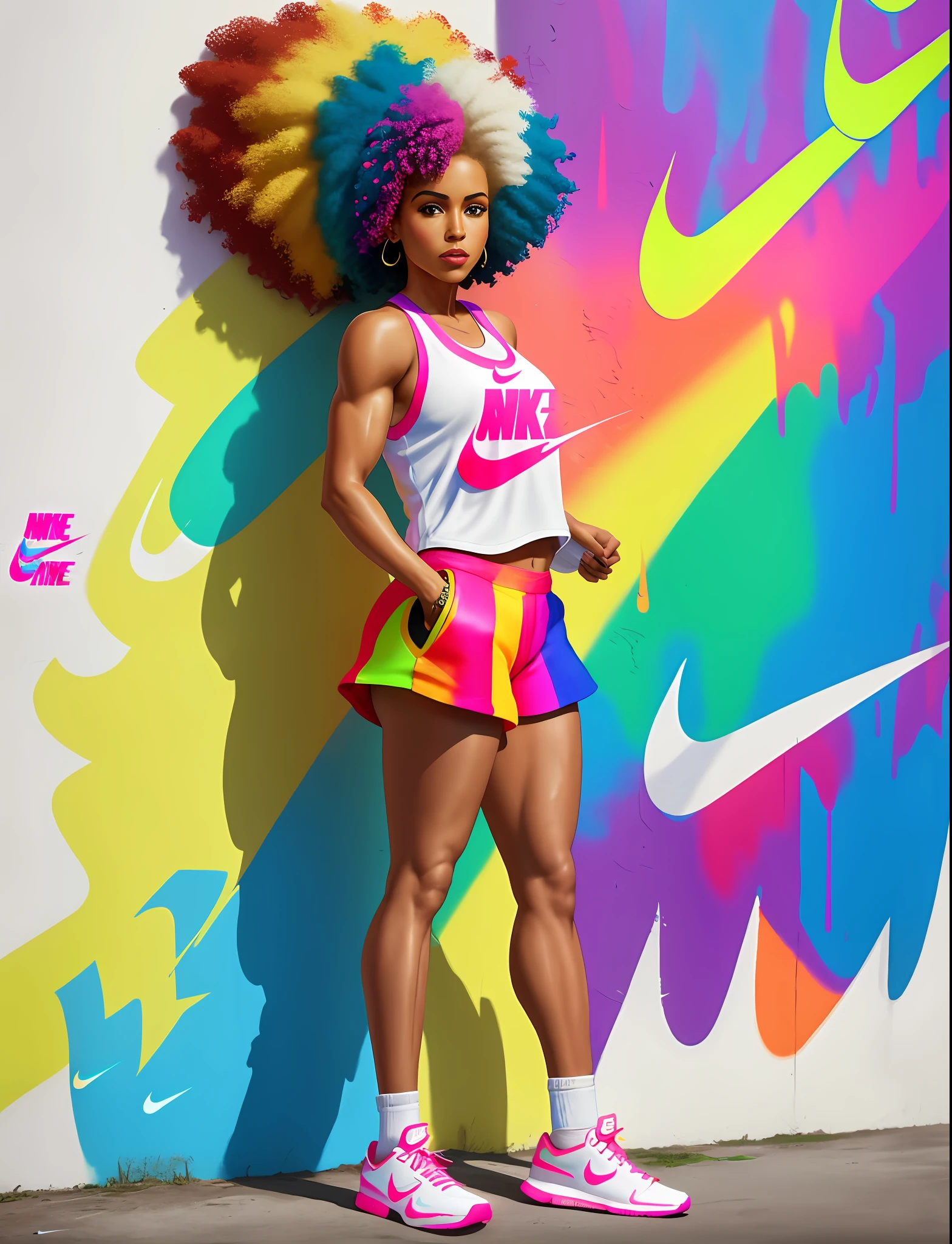 Graffiti painting, street art, 32k extremely detailed CG unit wallpaper, 32k landscape, artwork, masterpiece, best quality, amazing light brushstrokes, of a 35 year old girl, Cross fit (( Athletic)) Afro Brazilian with hair (((short)) platinum , Tennis ((Nike)) in graffiti style on a white wall with vibrant colors.