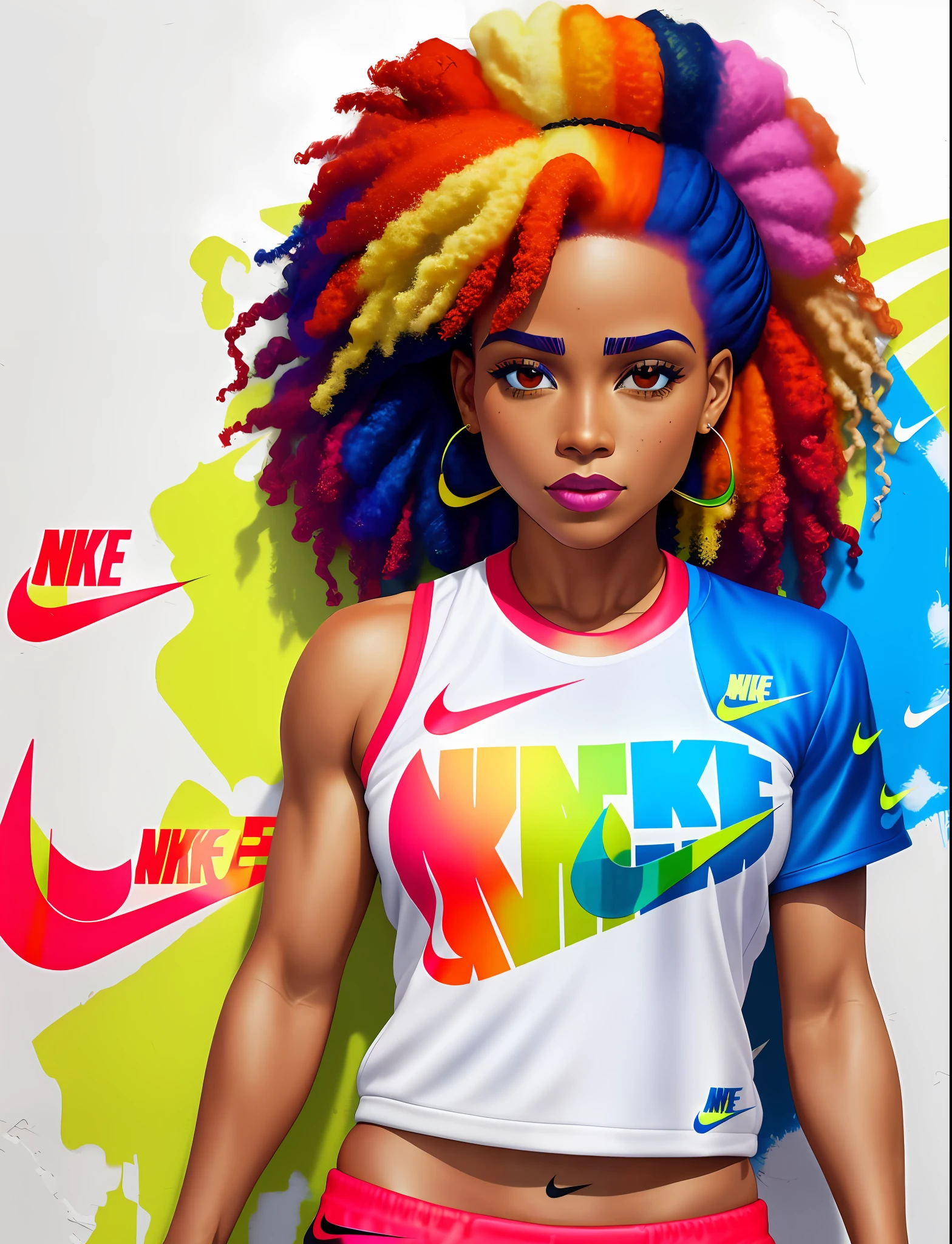 Graffiti painting, street art, 32k extremely detailed CG unit wallpaper, 32k landscape, artwork, masterpiece, best quality, amazing light brushstrokes, of a 35 year old girl, Cross fit (( Athletic)) Afro Brazilian with hair (((short)) platinum , Tennis ((Nike)) in graffiti style on a white wall with vibrant colors.
