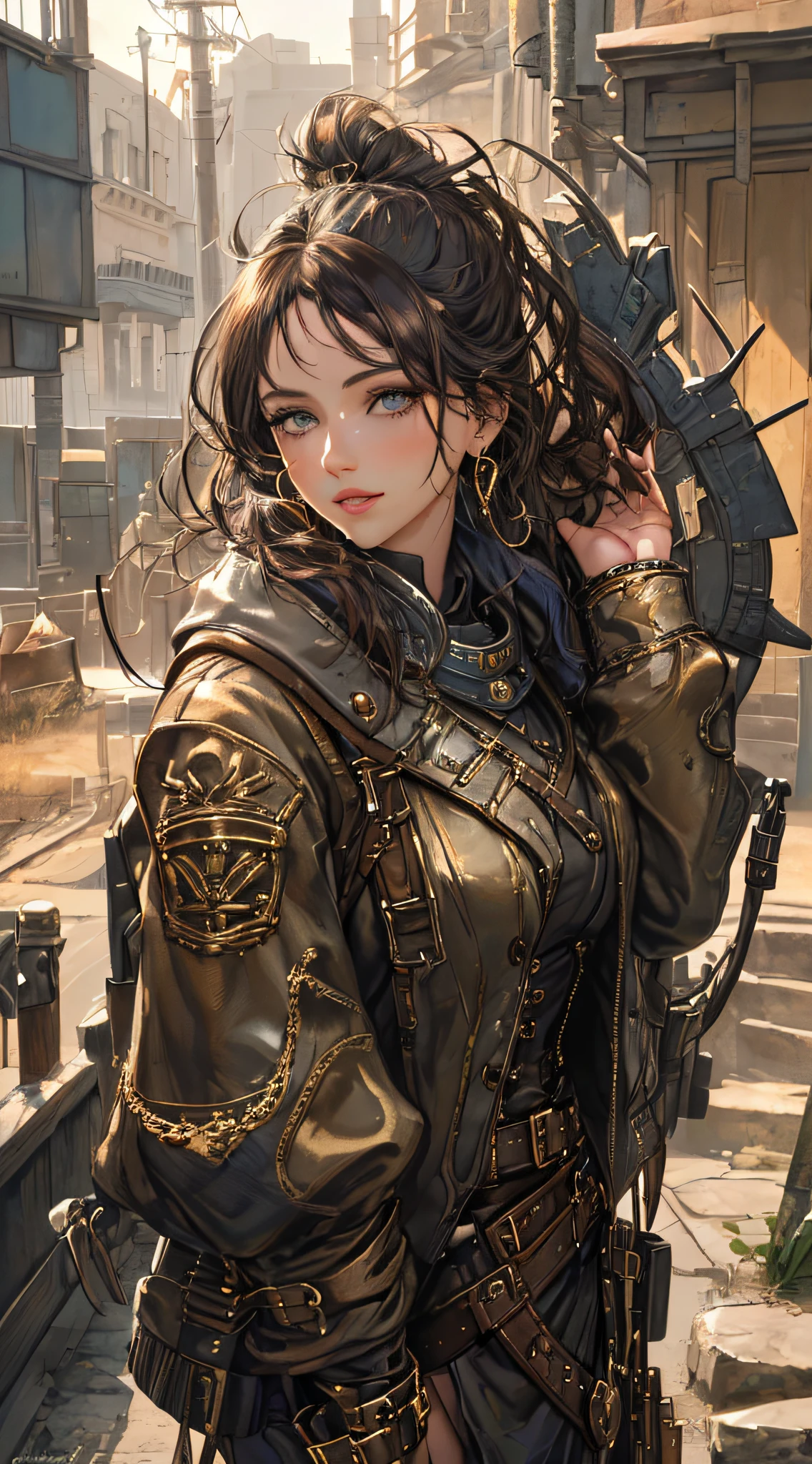 (1girl:1.3), looking at viewer, (steampunk suggestive clothes, Maven, Average Height, Toned, Round Face, Olive Skin, Brunette Hair, Blue Eyes, Wide Nose, Full Lips, Receding Chin, Long Hair, Straight Hair, Wavy Updo, soft sagging breasts, Threader earrings, golden, matte lipstick,steampunk metropolis),(masterpiece, best quality, detailed shiny skin:1.2), flawless, 8k, RAW, highres,absurdres,