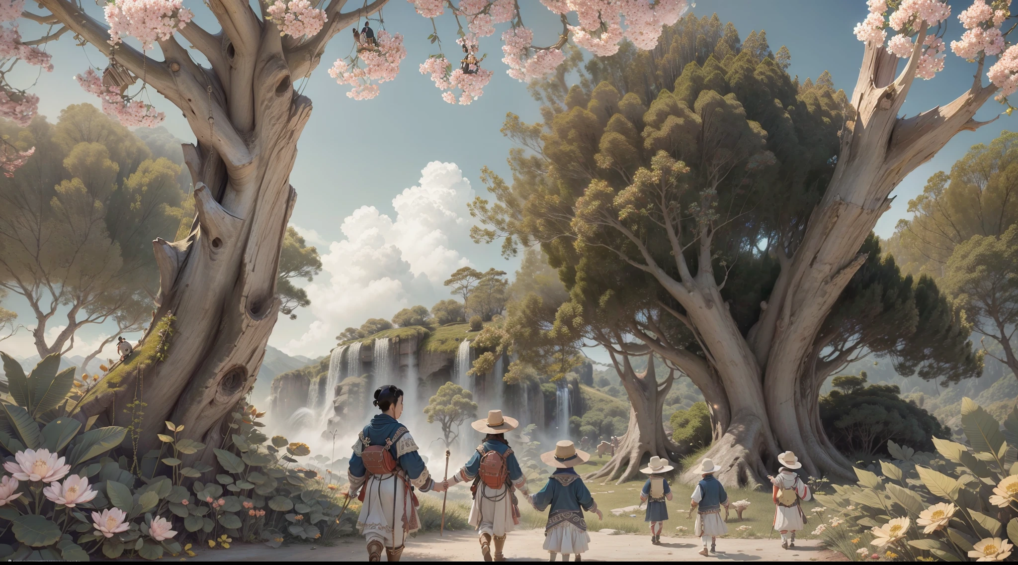 (Supremacism: 1.5), in spring, a group of children playing in the garden of giants, panorama, very detailed, best quality, 4k, cinematic lighting effects,