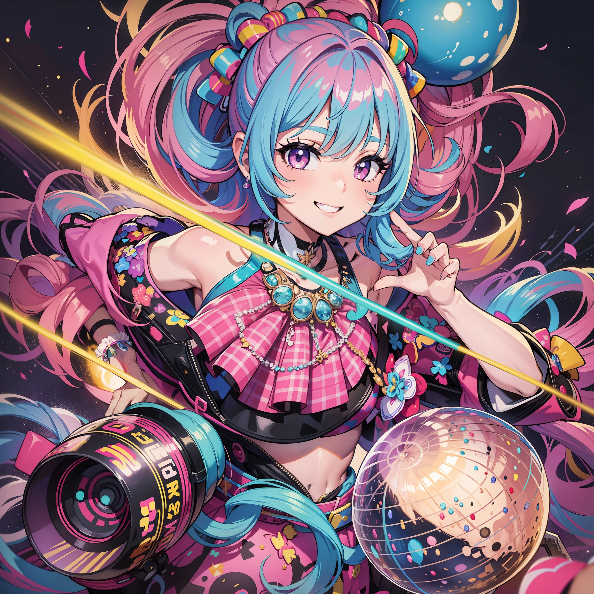 1girl, Kandy Cloud, hot, attractive, party girl, kind and caring, very vibrant neon colors, in a party, crowd behind her, idol girl, pastel neon colors, smiling, unique design, creative design, neon, lava lamp vibes, crystal ball vibes, cotton candy vibes, confetti vibes, dynamic pose, unique art style, amazing different art style, amazing thick outlines,