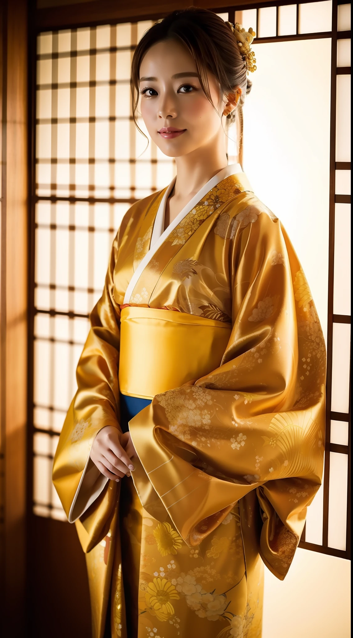 masterpiece, photorealistic, highest quality, kimono, golden color