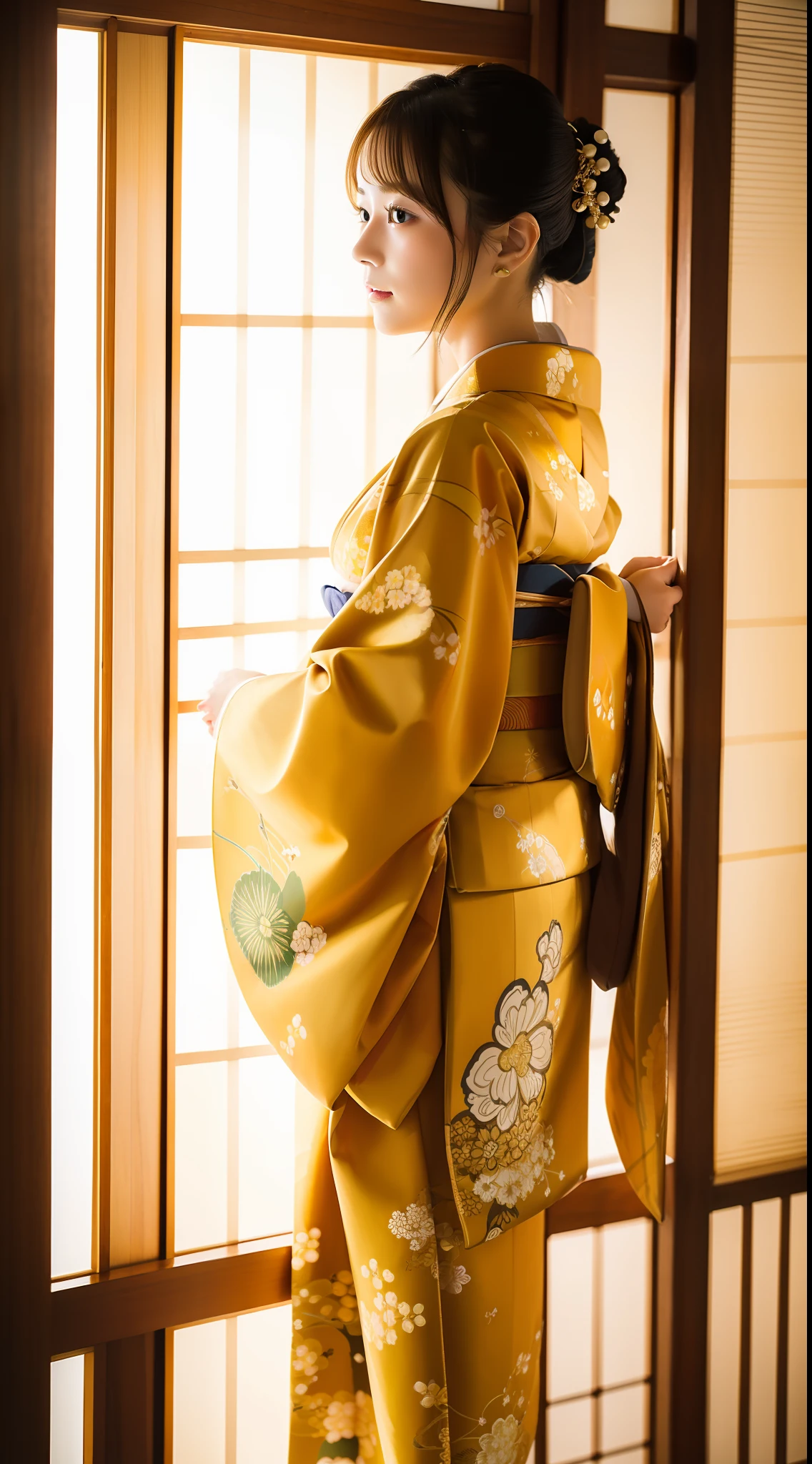 masterpiece, photorealistic, highest quality, kimono, golden color