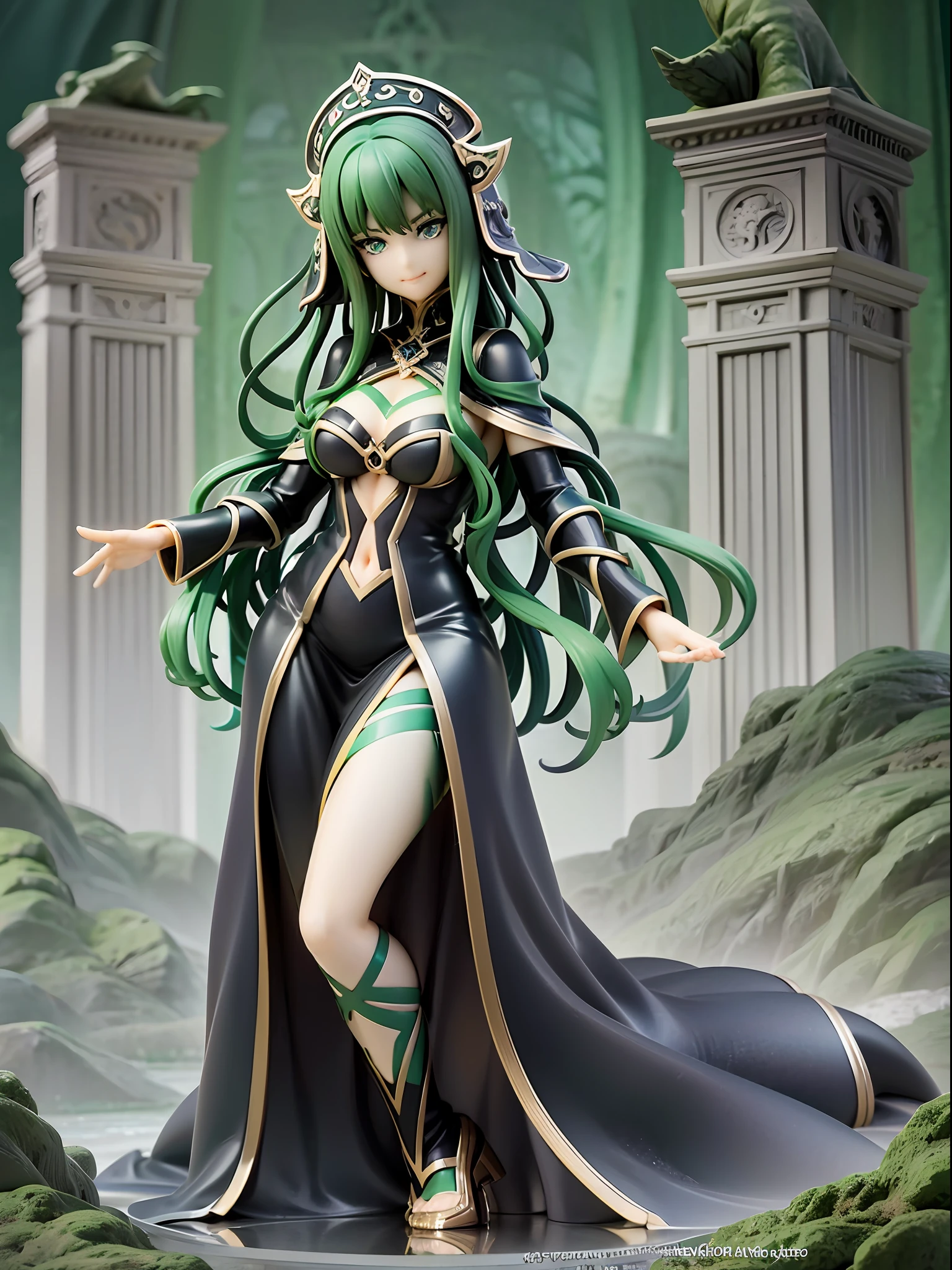 Lovecraftian goddess, black medium hair, emerald green eyes, mysterious smile, ancient deep green and black robe, arms wide open drawing ancient symbols, in the deep sea, front view, looking afar, average chest size, full body, deep dark background, (masterpiece, top quality, best quality, official art, beautiful and aesthetic:1.2),
