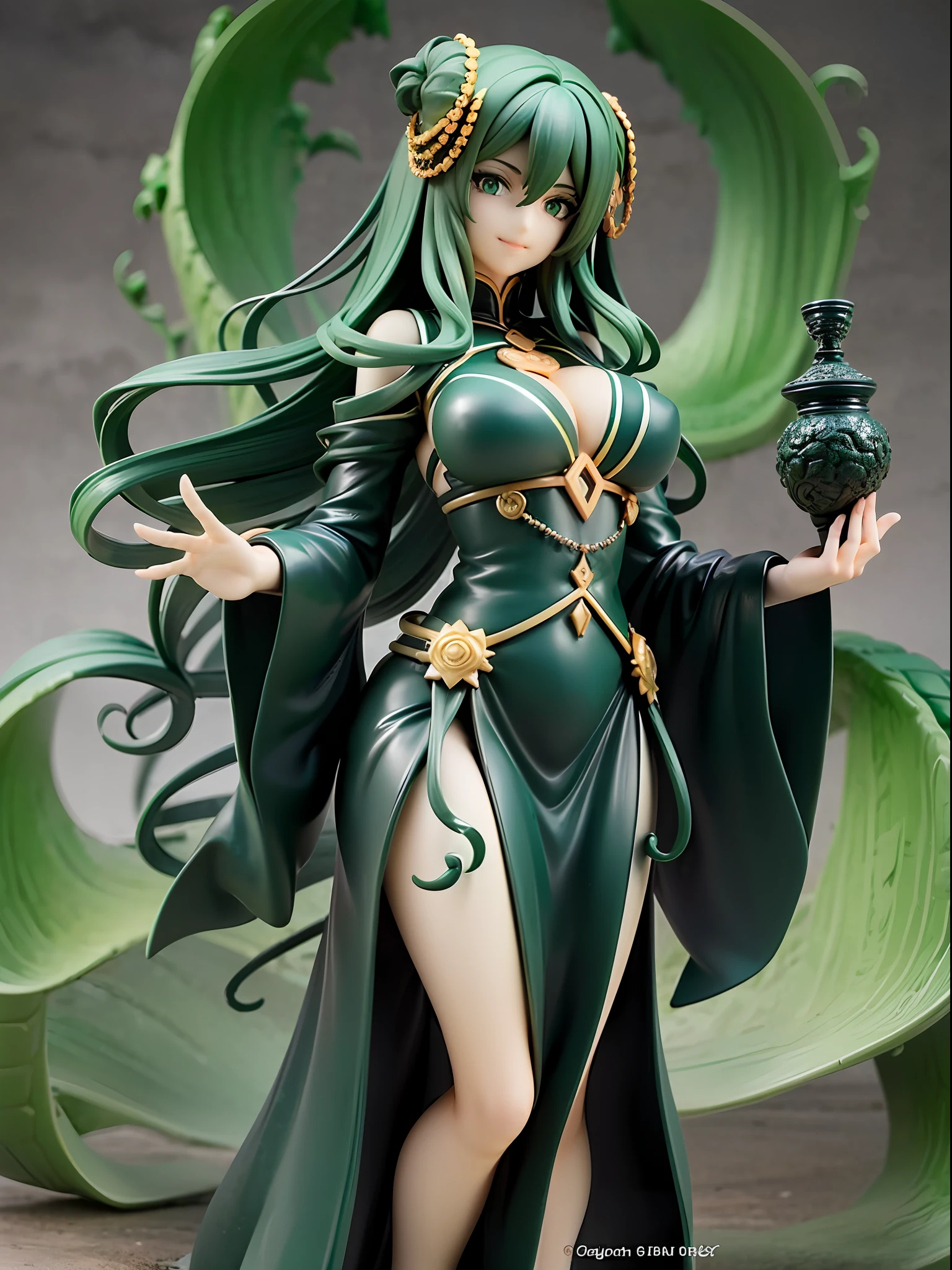 Lovecraftian goddess, black medium hair, emerald green eyes, mysterious smile, ancient deep green and black robe, arms wide open drawing ancient symbols, in the deep sea, front view, looking afar, average chest size, full body, deep dark background, (masterpiece, top quality, best quality, official art, beautiful and aesthetic:1.2),