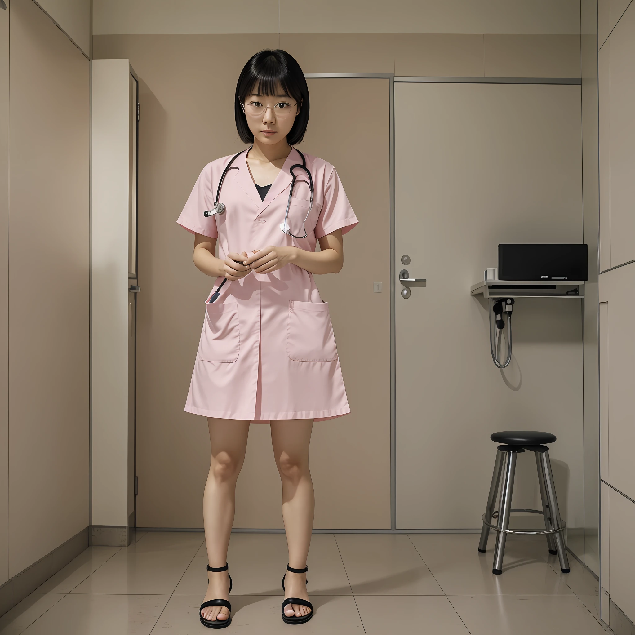 NSFW, 8K raw photo, best quality, masterpiece, ultra high definition, film grain, filmg, 1girl, watch viewer, natural skin texture, realistic eye and face details, Japan people. , 24 years old, 1 person, Round glasses, occupation is resident doctor, pink short-sleeved operation costume, pink surgical gown, pink scrub lab coat, black lace panties, nurse sandals on feet, Akiko Takase, Kazue Kato, , Aya Takano, Etsuko Miura, Gengee, Tsugumi Oba, Chiho, Rinko Kawaichi, Takeyuki Kanda, Height 158cm, weight 53kg, bust 83cm (D cup), waist 61cm, hips 86cm, Simple resident doctor, smooth black hair, bangs, full body, examination room, solo --auto --s2