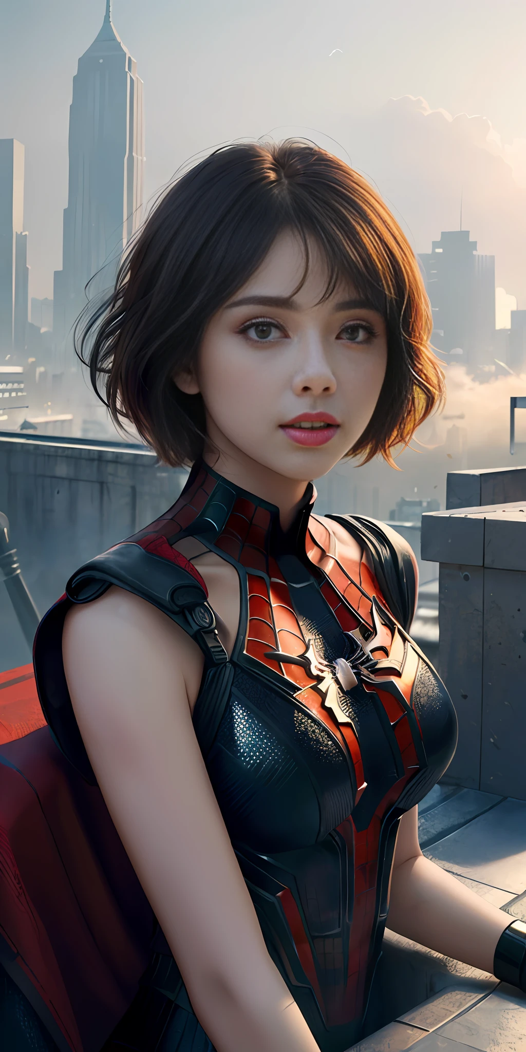 (1girl:1.3), solo, ((very detailed face)))), ((very detailed eyes and face))), beautiful detail eyes, body parts__, official art, unified 8k wallpaper, super detailed, beautiful and beautiful, beautiful, masterpiece, best quality, original, masterpiece, super fine photo, best quality, super high resolution, realistic realism, sunlight, full body portrait, amazing beauty, dynamic pose, delicate face, shoulder-length short hair, vibrant eyes, (from the front), she is wearing a Spider-Man suit, red and black color scheme, spider, very detailed city roof background, rooftop, overlooking the city, detailed face, detailed complex busy background, messy, gorgeous, milky white, highly detailed skin, realistic skin details, visible pores, clear focus, volumetric fog, 8k uhd, DSLR, high quality, film grain, fair skin, photo realism, lomography, futuristic dystopian giant metropolis, translucent