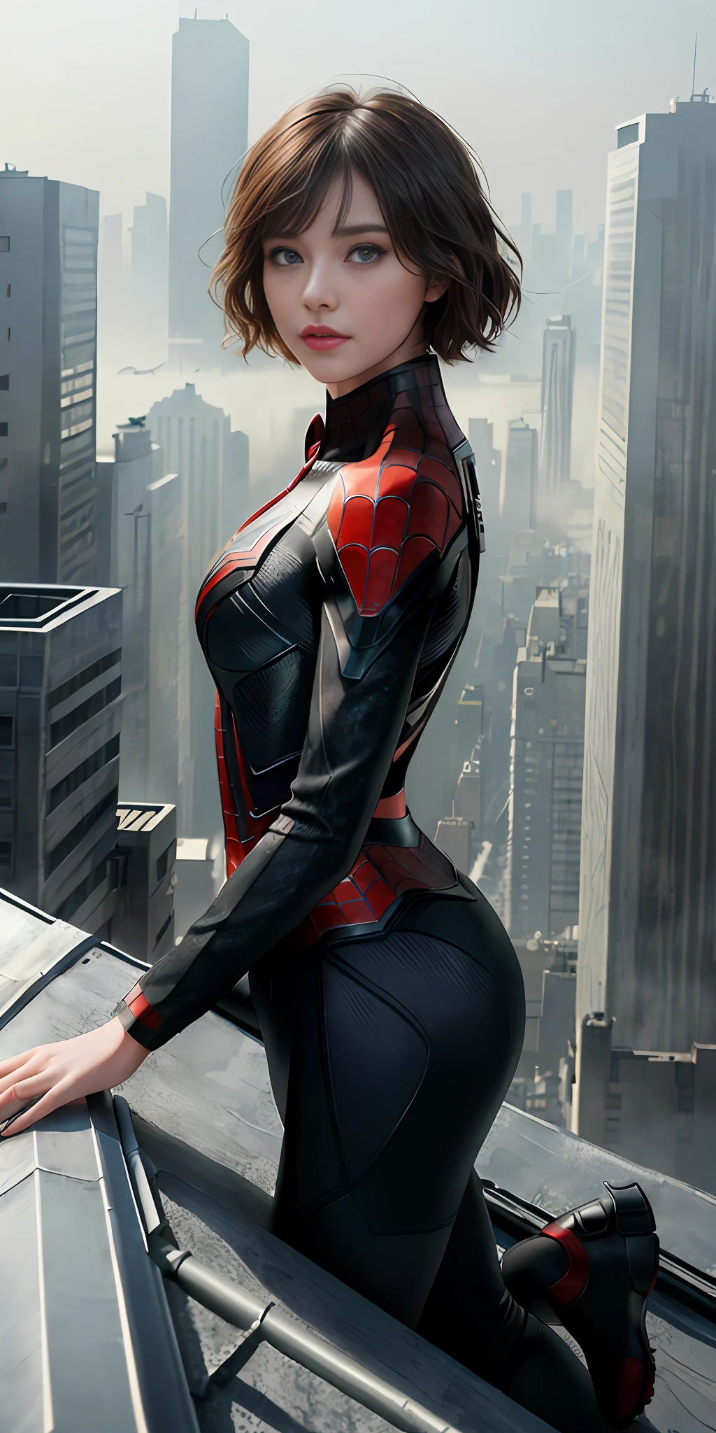 (1girl:1.3), solo, ((very detailed face)))), ((very detailed eyes and face))), beautiful detail eyes, body parts__, official art, unified 8k wallpaper, super detailed, beautiful and beautiful, beautiful, masterpiece, best quality, original, masterpiece, super fine photo, best quality, super high resolution, realistic realism, sunlight, full body portrait, amazing beauty, dynamic pose, delicate face, shoulder-length short hair, vibrant eyes, (from the front), she is wearing a Spider-Man suit, red and black color scheme, spider, very detailed city roof background, rooftop, overlooking the city, detailed face, detailed complex busy background, messy, gorgeous, milky white, highly detailed skin, realistic skin details, visible pores, clear focus, volumetric fog, 8k uhd, DSLR, high quality, film grain, fair skin, photo realism, lomography, futuristic dystopian giant metropolis, translucent