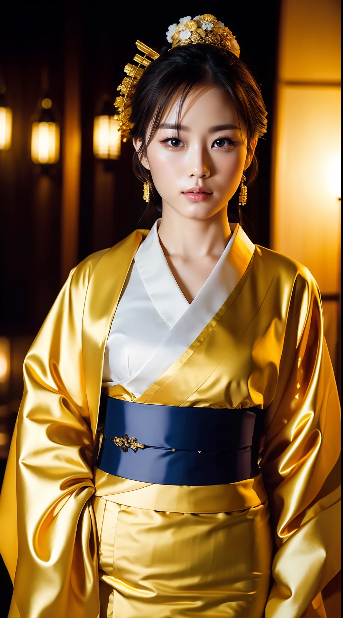 masterpiece, photorealistic, top quality, (golden, kimono), night