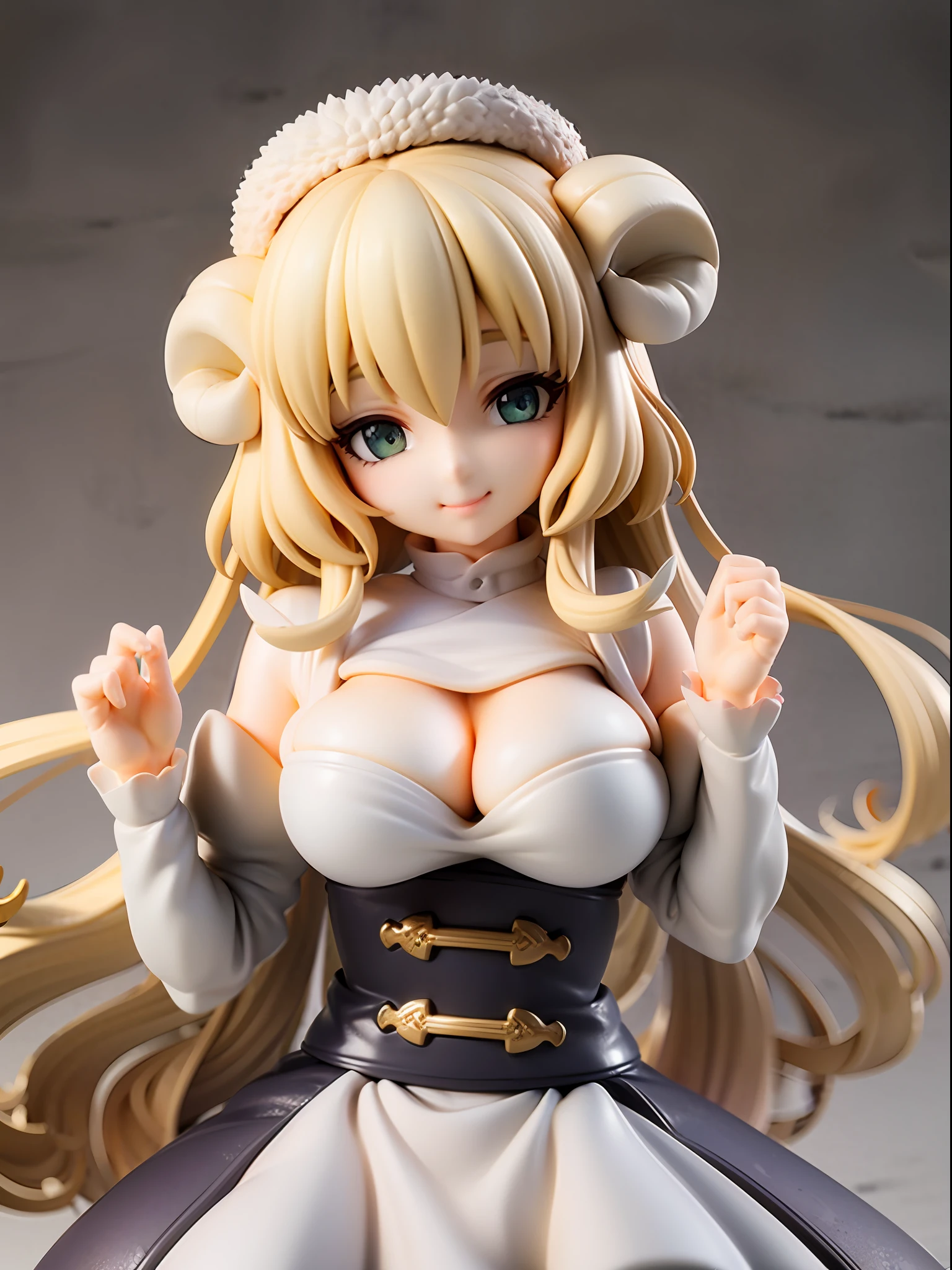 Sheep girl, cream color, white, sheep ears, curled horns, innocent smile, fluffy dress resembling sheep's wool, mixed cream and white hues, cream-colored voluminous long hair, green eyes, smiling gently, vast green pasture,