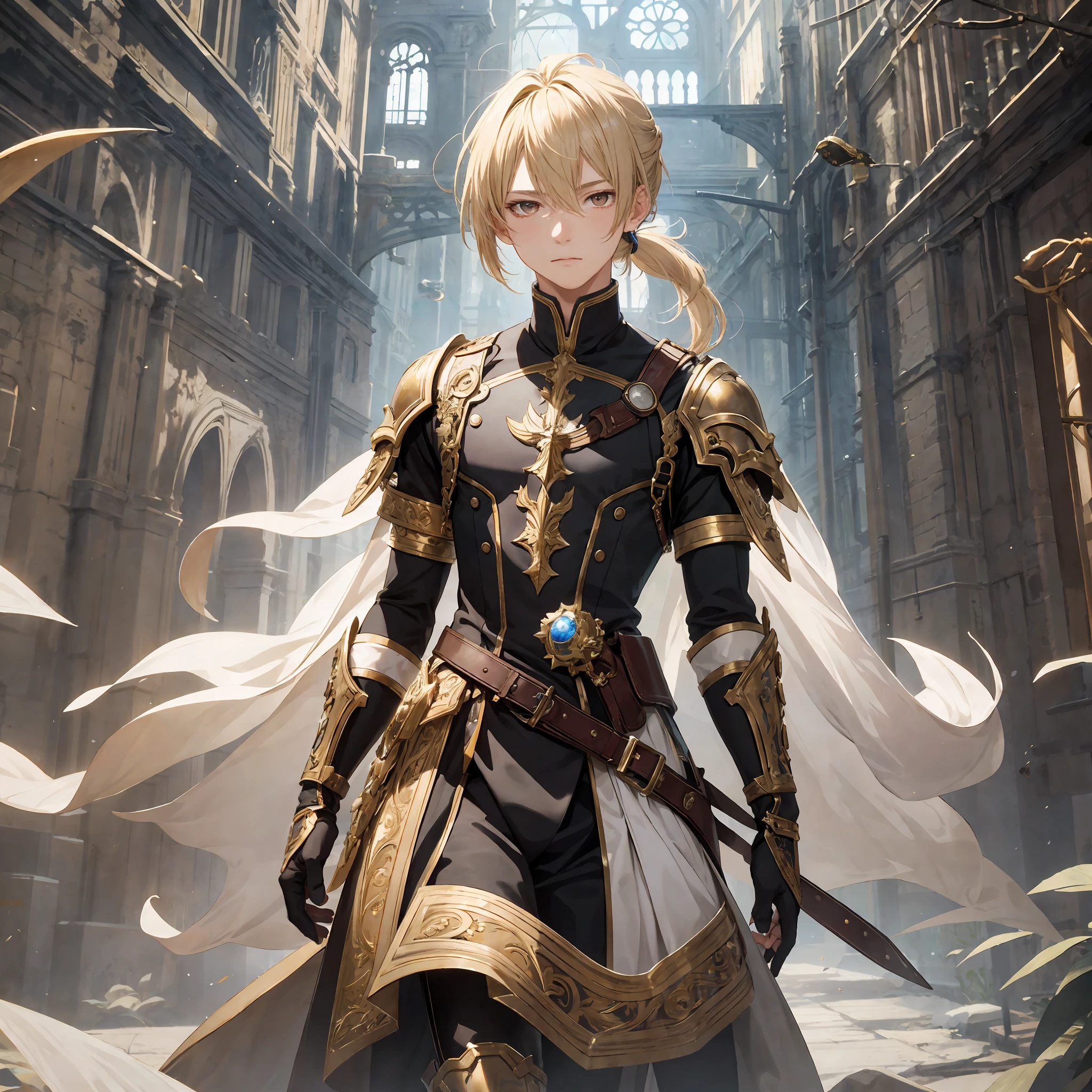 masterpiece, best quality, 1boy, teen, male focus, solo, blonde hair, ponytail hair, vibrant brown eyes, looking at viewer, High quality metal texture, closed mouth, bangs, high collar,(kbxll:0.6), Fantasy aesthetics, Highly detailed, shadowverse style, full body