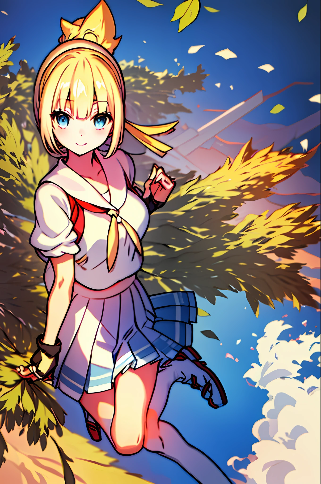 masterpiece, best quality, highres, 1girl, kazama iroha, blonde hair, fingerless gloves, gloves, sarashi, thighhighs, japanese clothes, white thighhighs, skirt, haori, black gloves, hairband, bangs, sandals, sheathed, pleated skirt, ponytail, chest sarashi, breasts, sheath, blue eyes, hair between eyes, black hairband, hair ornament, leaf hair ornament, long sleeves, covered navel, miniskirt, large breasts,