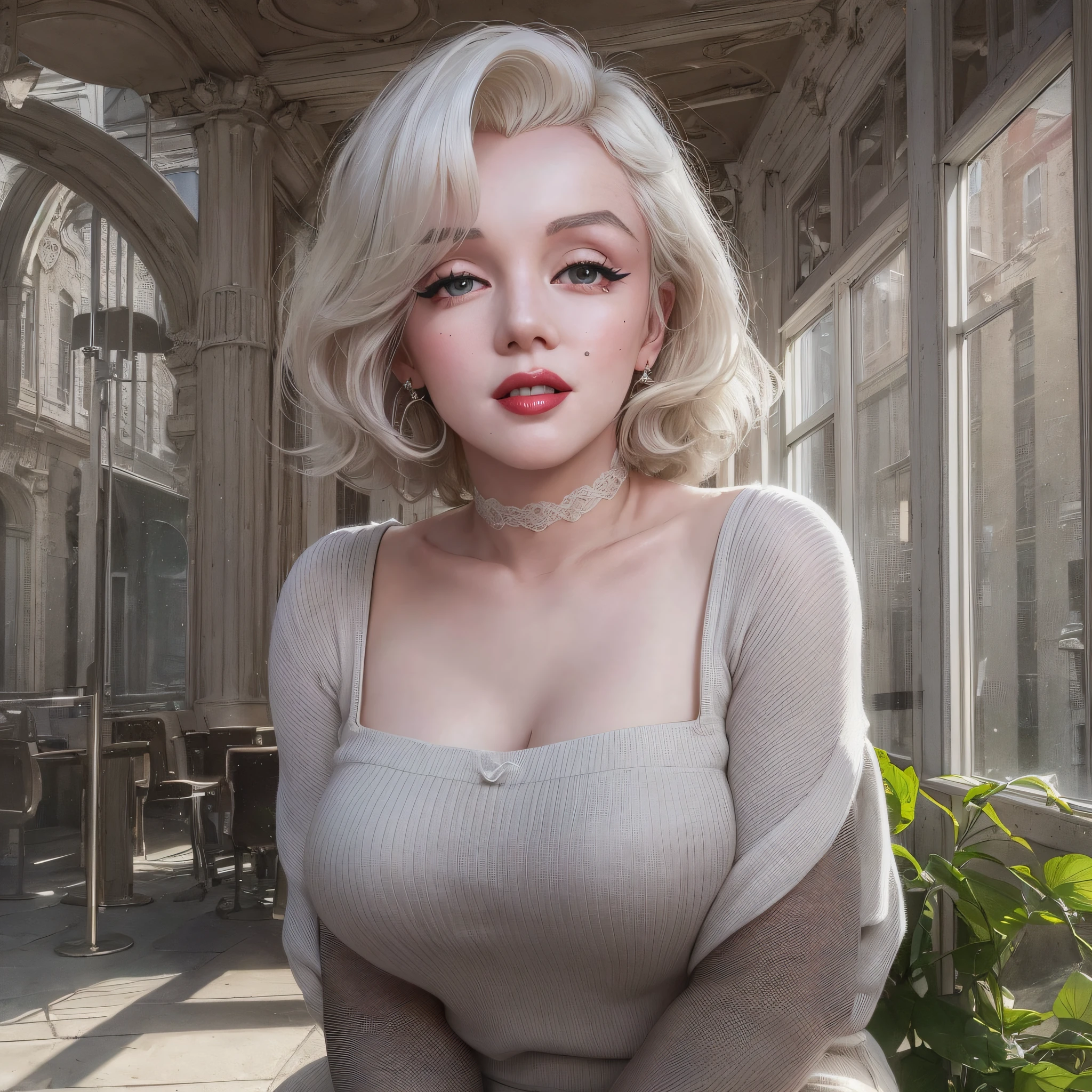((Beautiful Marilyn Monroe Face: 1.8)), One Woman, 38 Years Old, American Woman, Full Body, D Cup, Natural Makeup, White Hair, Slender Body, Wonderfully Well-Groomed Tall Body, Wearing a Shirt (Business Suit: 1.2), Pencil Skirt, (Black Pantyhose: 1.2), Best Quality, Masterpiece, (Adult: 1.6), (High Definition Skin: 1.4), (RAW Photo, Best Quality), ( Realistic, photorealistic: 1.7), fresh breeze, sunlight through the trees, café surrounded by fresh morning air, (detailed skin), realistic texture, muffled light, dense skin, optimal ratio of four fingers to one thumb, diagonal bangs of 46 points,