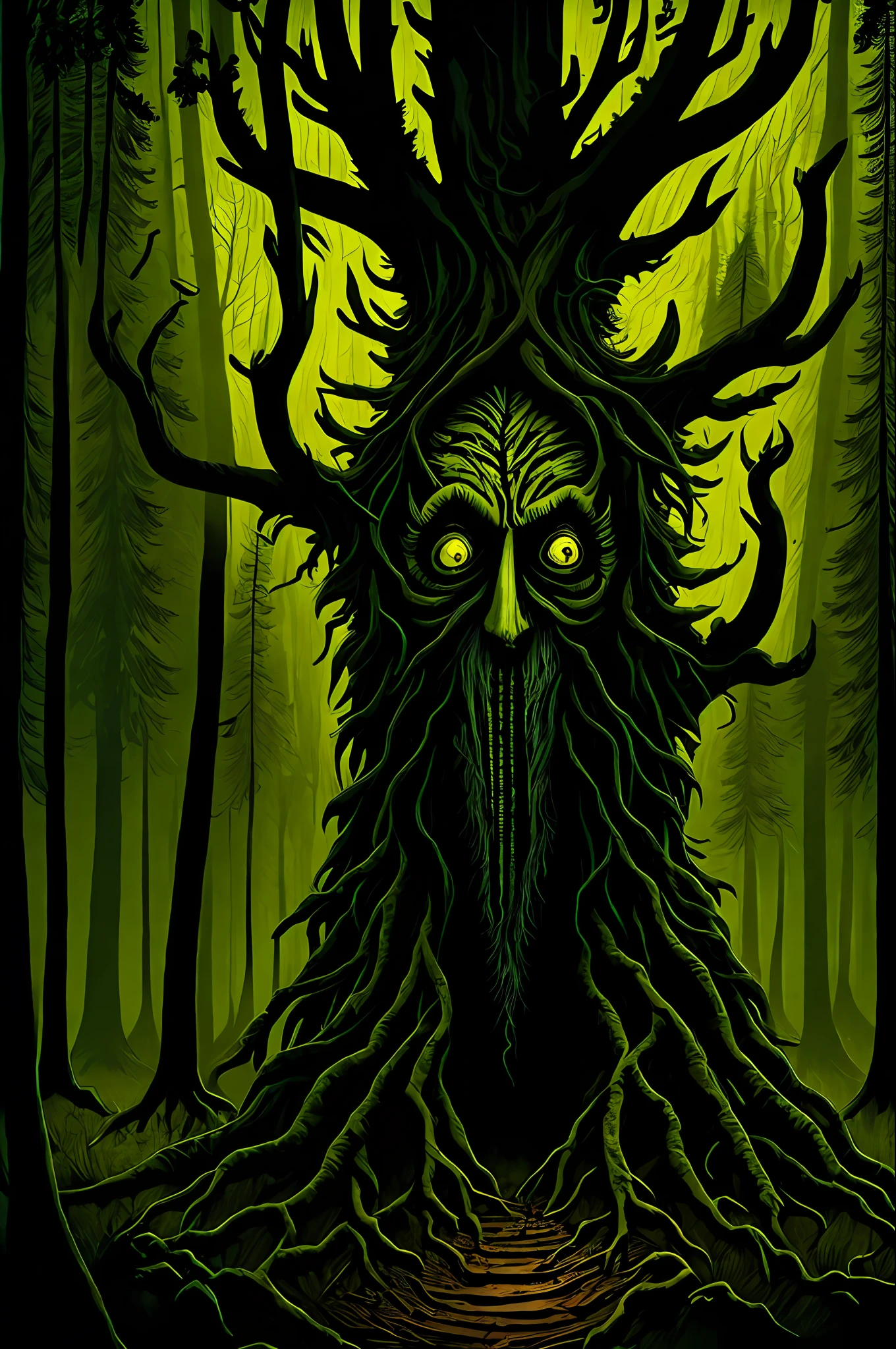 ((leshy)), (dark forest), tall trees, monochrome, ((horror)), ((masterpiece))