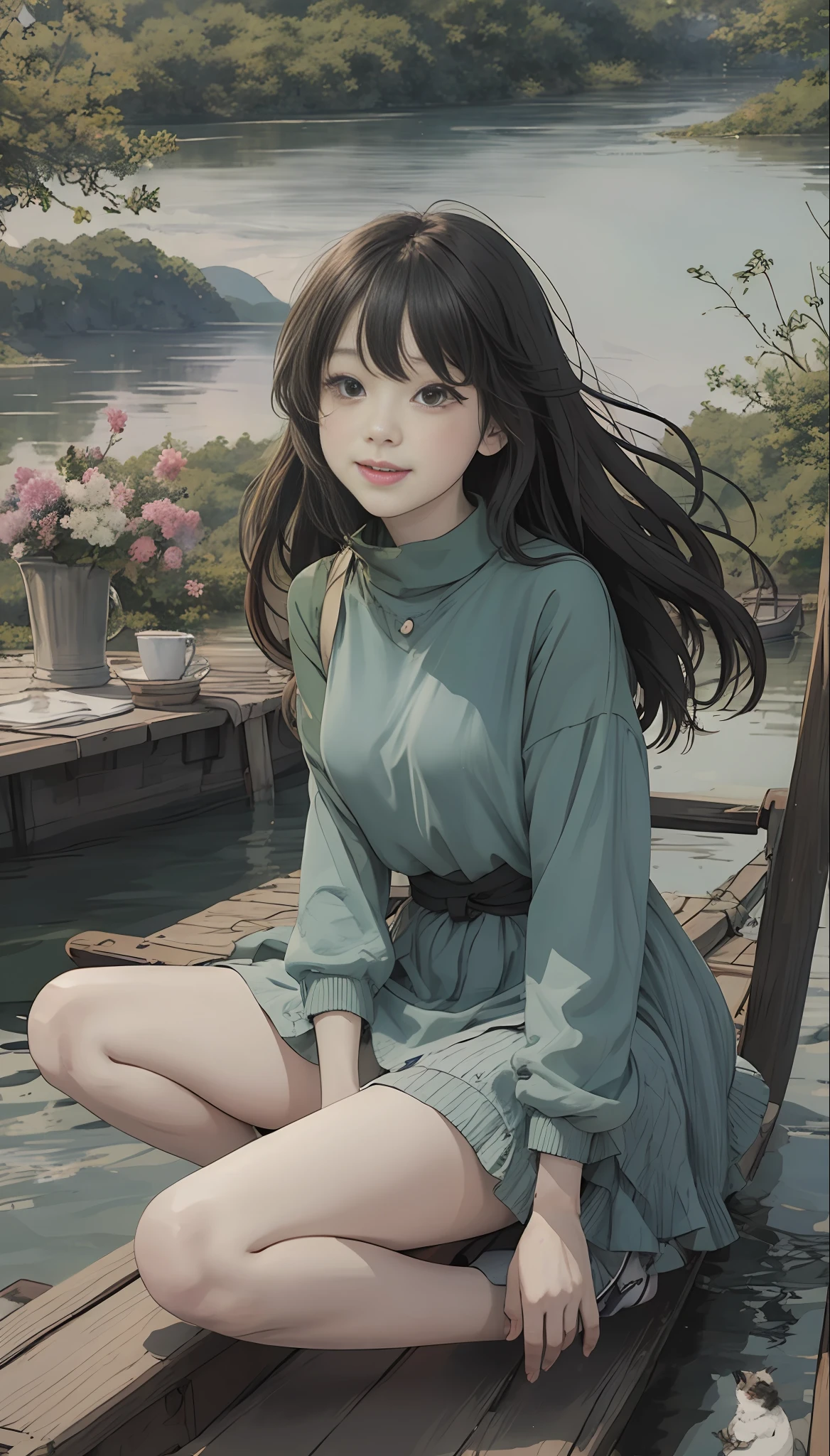 Anime girl sitting on a boat with a cat on the dock, 16 years old, a cat on the table, enjoying her time in an empty field, surrounded by the beauty of nature, warm sunlight sprinkling on her, wildflowers gently swaying in the breeze. Butterflies and birds flying around her add to the playful atmosphere, anime visuals of cute girls, portraits of cute anime girls, cute detailed digital art, anime style portraits, beautiful anime portraits, digital anime illustrations, cute anime girls, detailed portraits of anime girls, anime style illustrations, kawaii realistic portraits, cute anime girl portraits, detailed fan art, young anime girls, detailed digital anime art, black hair, hair bow, smile, gaze level shooting, Similar to the color of Ghibli, UHD, masterpiece, ccurate, anatomically correct, textured skin, super detail, high details, high quality, award winning, best quality, highres, 8k