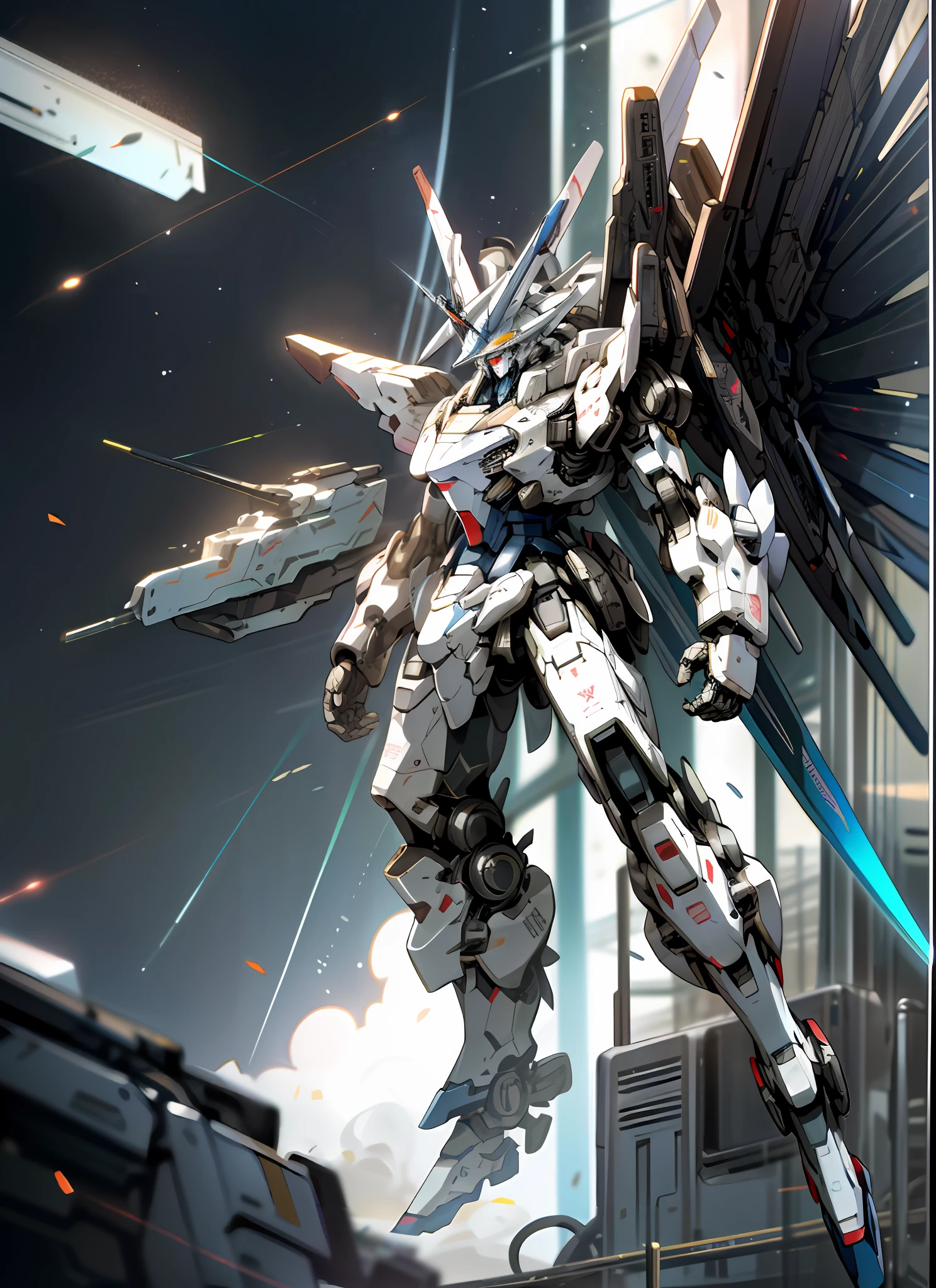 Surrealism, ray tracing, UHD, high details, 8k, best quality, textured skin, Gundam mech, mech ship, masterpiece, best quality, mecha, unmanned, (full body), (white mech: 1.8), (axisymmetry: 1.4), (HDR), (movie light: 1.1), white eyes, cool, science fiction, fire, laser cannon beam, war, conflict, Space looking down on the background of the earth with weapons in hand, (holding huge weapons: 1.5), holding oversized shields, mecha men,