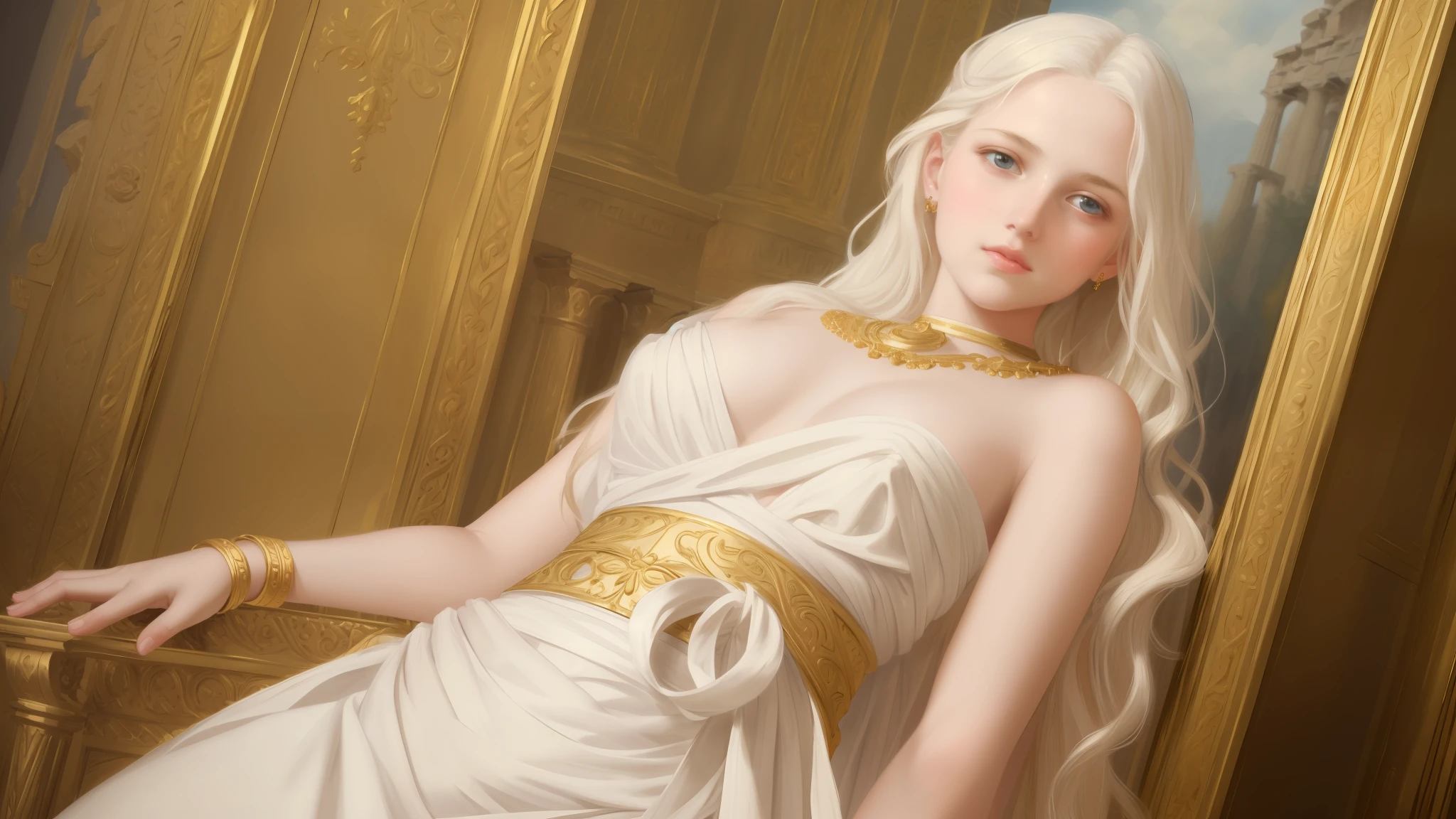 1girl, beautiful age girl, beautiful 13 year old girl, very small breasts, long wavy white hair, thin jaw, large white sash covering breasts, golden decorations, portrait, oil painting, realistic proportions, intricate, intricate details, sharp focus, beautiful female body, classical painting, outside, greek temple