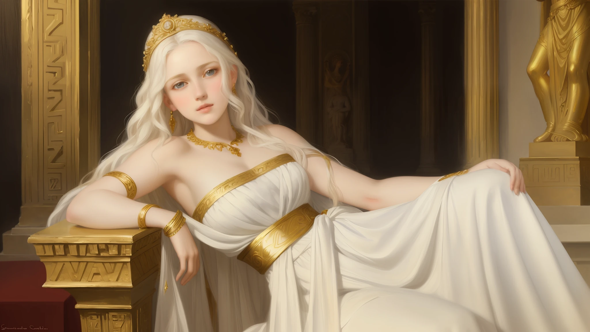 1girl, beautiful age girl, beautiful 13 year old girl, very small breasts, long wavy white hair, thin jaw, large white sash covering breasts, golden decorations, portrait, oil painting, realistic proportions, intricate, intricate details, sharp focus, beautiful female body, classical painting, outside, greek temple