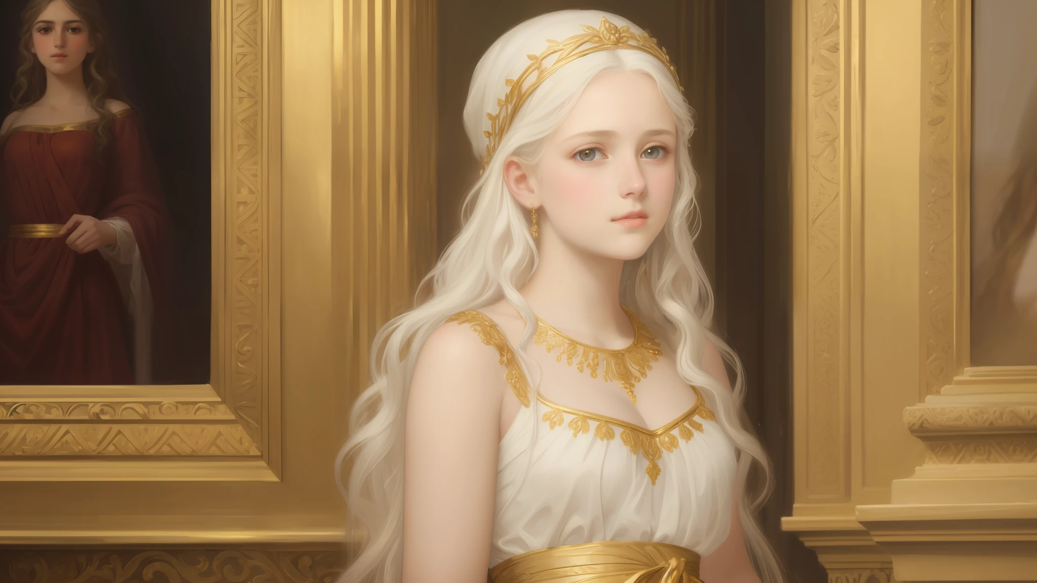 1girl, beautiful teenage girl, beautiful 13 year old girl, very small breasts, long wavy white hair, thin jaw, large white sash covering breasts, golden decorations, portrait, oil painting, realistic proportions, intricate, intricate details, sharp focus, beautiful female body, classical painting, outside, greek temple