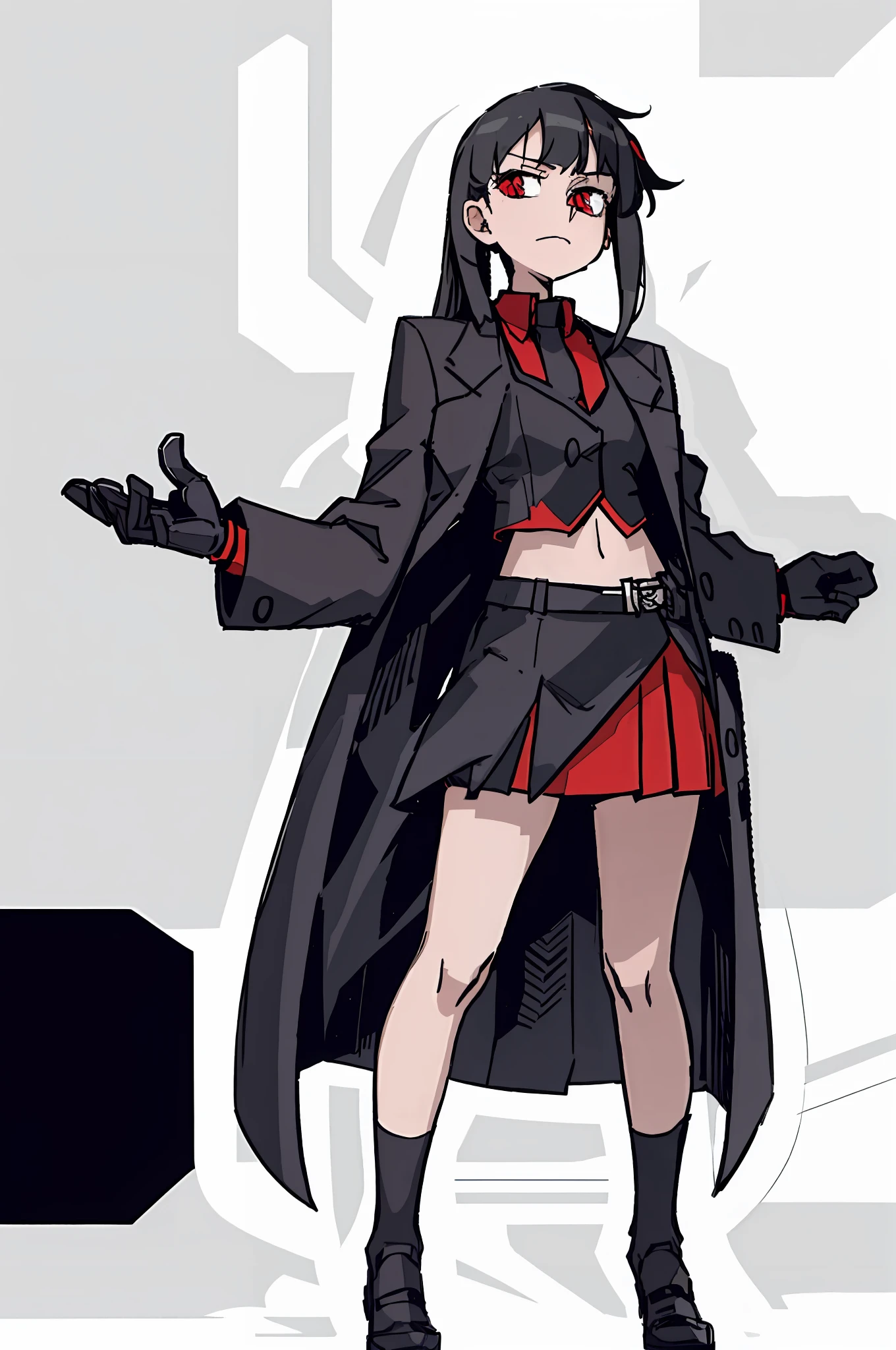 (Masterpiece, best quality) full body, detailed, feminine, coat, short skirt, crop top, dead eye, red eyes, cold, serious, bangs, princess cut, long straight black hair, black style, low saturation, handsome, thin, lab coat, black stockings, trendy outfit