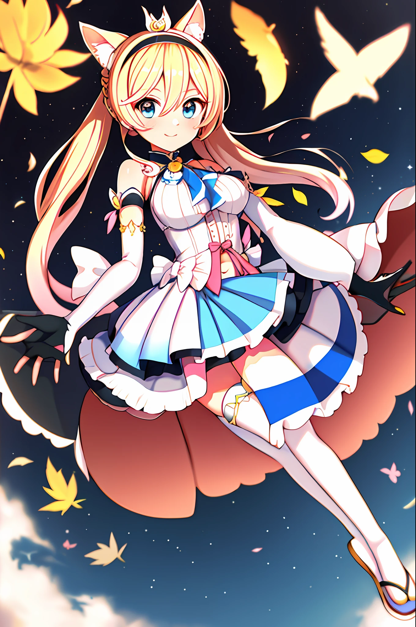 masterpiece, best quality, highres, 1girl, kazama iroha, blonde hair, fingerless gloves, gloves, sarashi, thighhighs, japanese clothes, white thighhighs, skirt, haori, black gloves, hairband, bangs, sandals, sheathed, pleated skirt, ponytail, chest sarashi, breasts, sheath, blue eyes, hair between eyes, black hairband, hair ornament, leaf hair ornament, long sleeves, covered navel, miniskirt, large breasts,