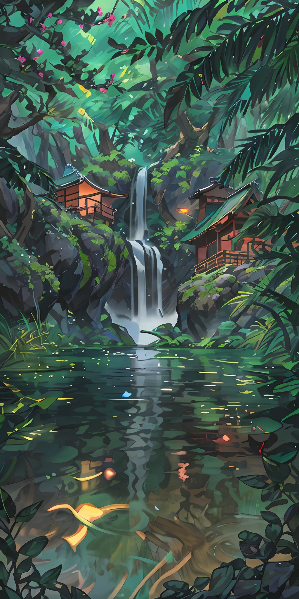 Chinese ancient times, spring, jungle, lake, cave, waterfall, tree, meadow, rock, deer, hot spring, water vapor, (illustration: 1.0), epic composition, realistic lighting, HD details, masterpiece, best quality, (very detailed CG unified 8k wallpaper)