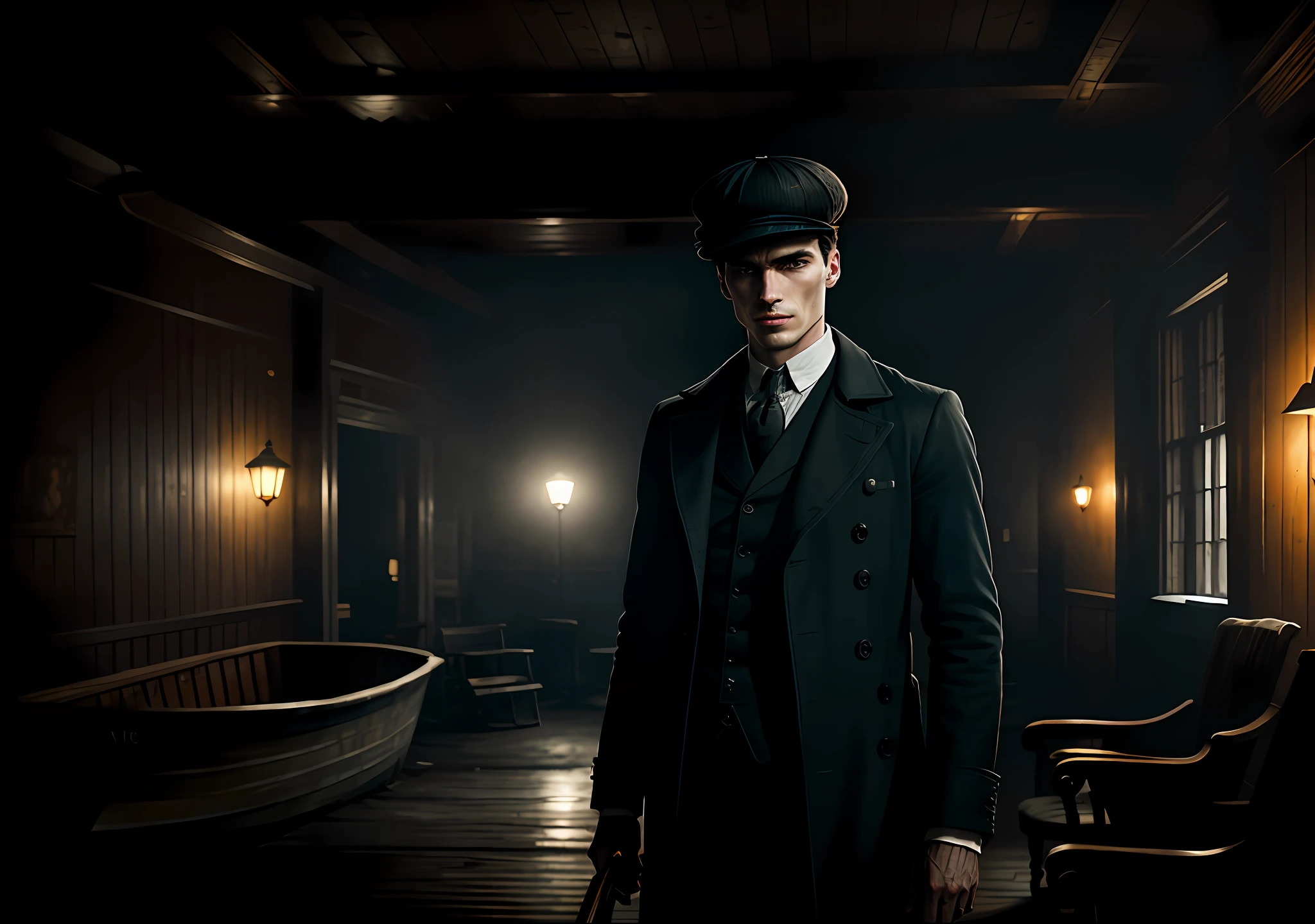 Thomas shelby alone and without a hat next to an old boat Dark photo: realistic epic, soft cinematic portrait, adobe lightroom, photographic lab, highly detailed, faded, art by greg rutkowski and artgerm ,neutral colors: 1,2), (hdr: 1,4) , (soft colors:1.2), hyperdetailed, (artstation:1.4), cinematic, warm lights, dramatic light, (intricate details:1.1), complex background, (rutkowski:0.66), (blue and orange:0.4)