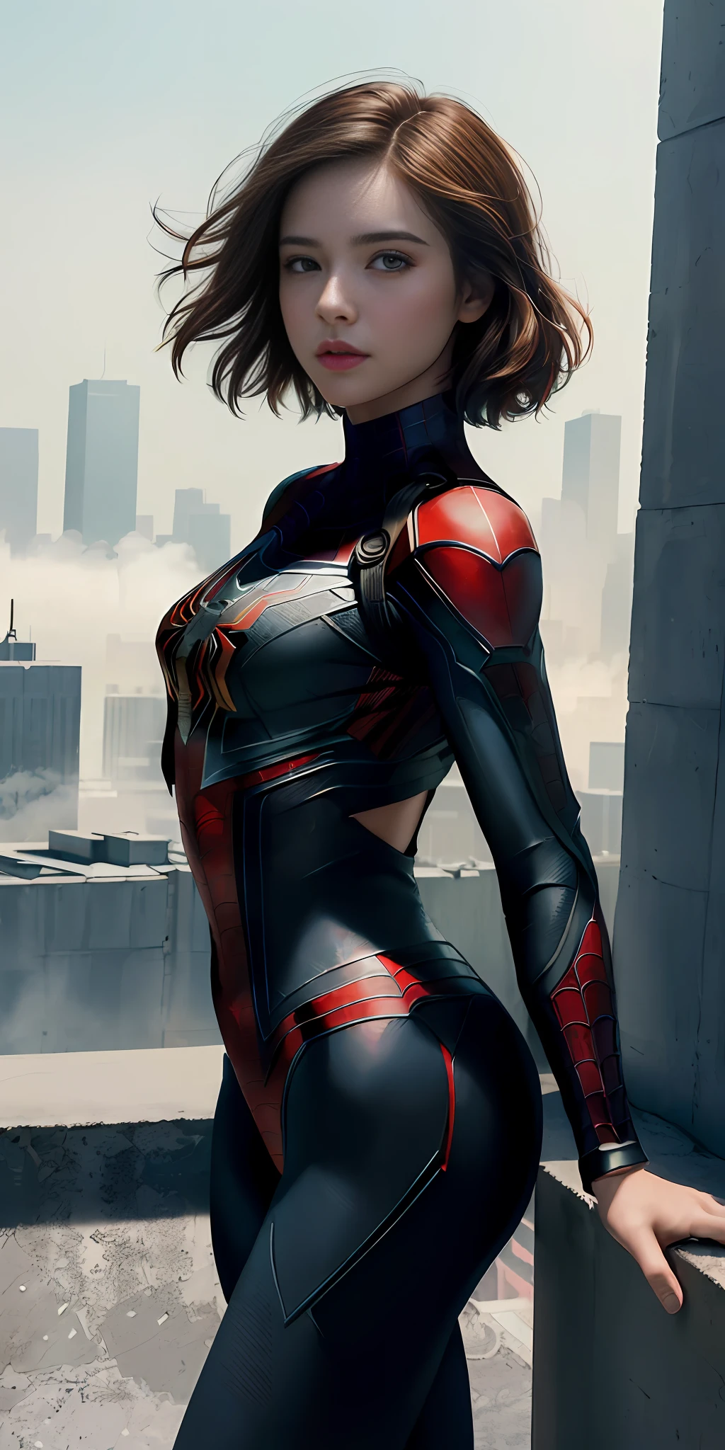 (1girl:1.3), solo, ((very detailed face)))), ((very detailed eyes and face)))), beautiful detail eyes, body parts__, official art, unified 8k wallpaper, super detailed, beautiful and beautiful, beautiful, masterpiece, best quality, original, masterpiece, super fine photo, best quality, super high resolution, realistic realism, sunlight, full body portrait, amazing beauty, perfect figure, dynamic pose, delicate face, shoulder-length short hair, vibrant eyes, (from the front), She wears Spider-Man suit, red and black color scheme, spider, very detailed city roof background, rooftop, overlooking the city, detailed face, detailed complex busy background, messy, gorgeous, milky white, highly detailed skin, realistic skin details, visible pores, clear focus, volumetric fog, 8k uhd, DSLR, high quality, film grain, fair skin, photo realism, lomography, Future dystopian megalopolis, translucent