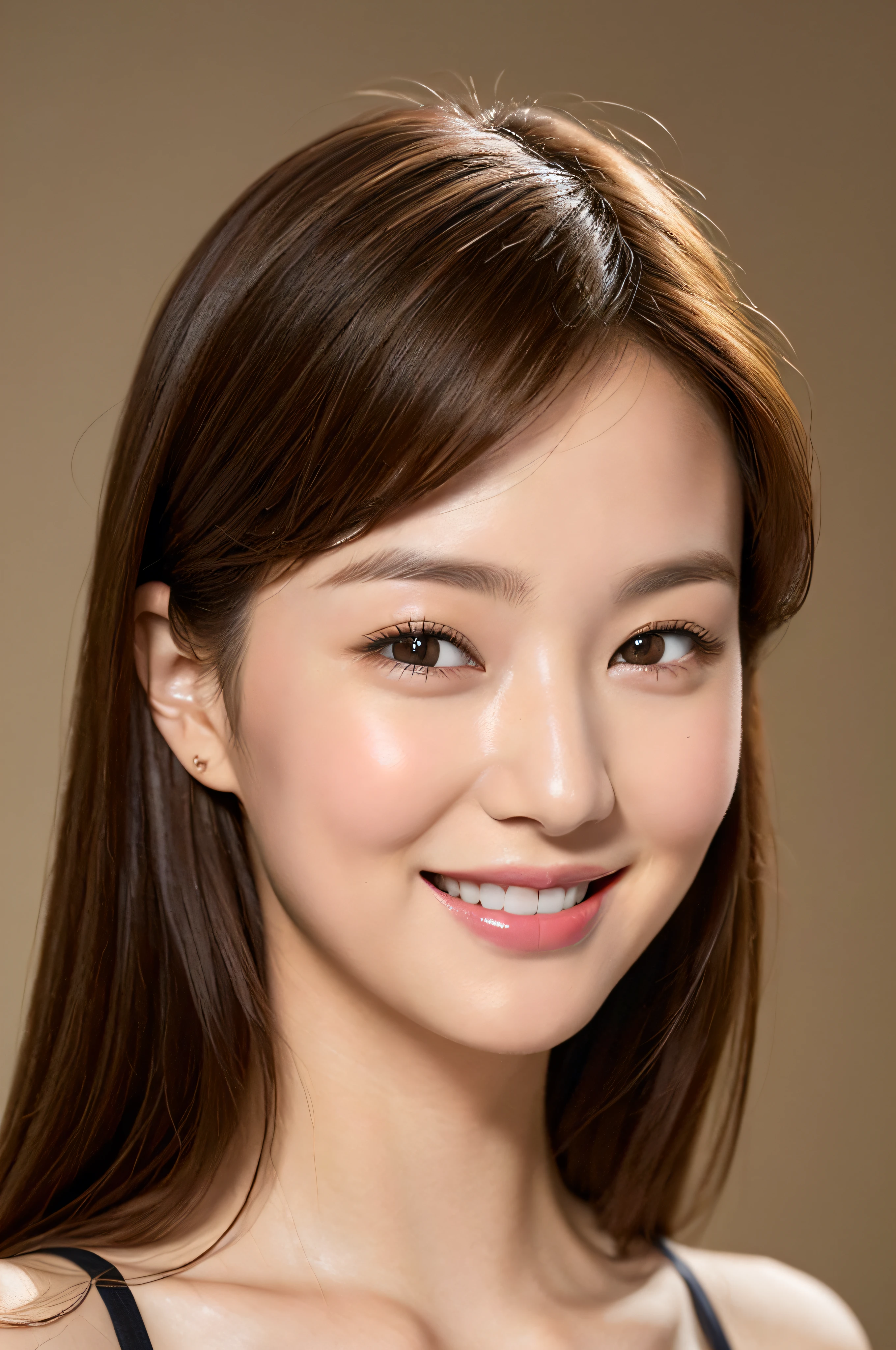 Top quality, realistic, realistic, very detailed, very delicate and beautiful, RAW photos, professional lighting, face lighting, depth of field, single focal, full body, brown hair, , brown eyes, small head, (((big)), fashion girl, beautiful eyes, real face, real skin, realistic face, realistic skin, detailed eyes, (fashionable hairstyle: 1.3) dynamic pose, viewer, detailed face and chest look, 20 year old woman, smiling