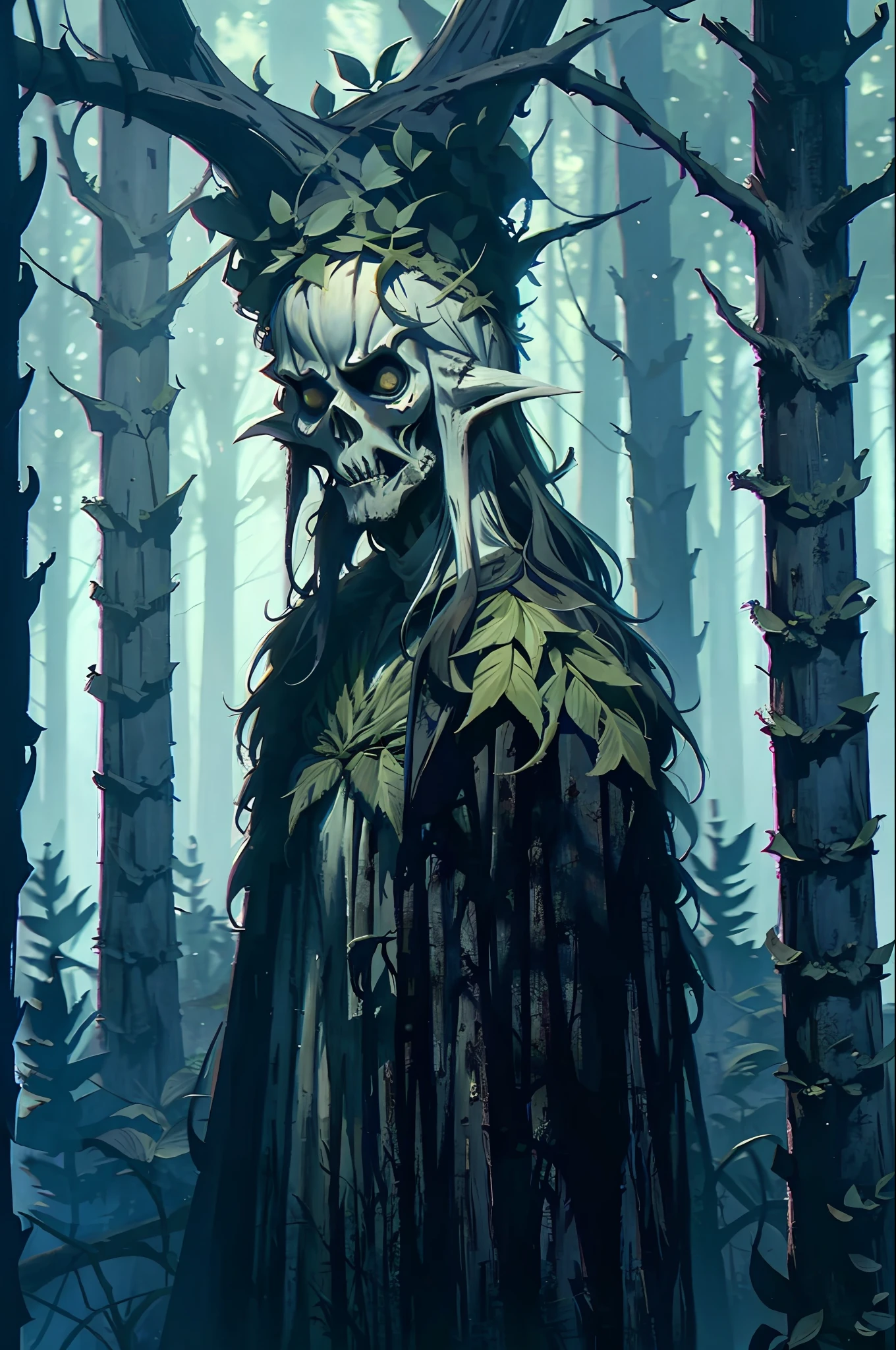 (leshy:1.5), (dark forest), tall trees, monochrome, ((horror)), ((masterpiece)), creepy, (shadowy figure), bipedal